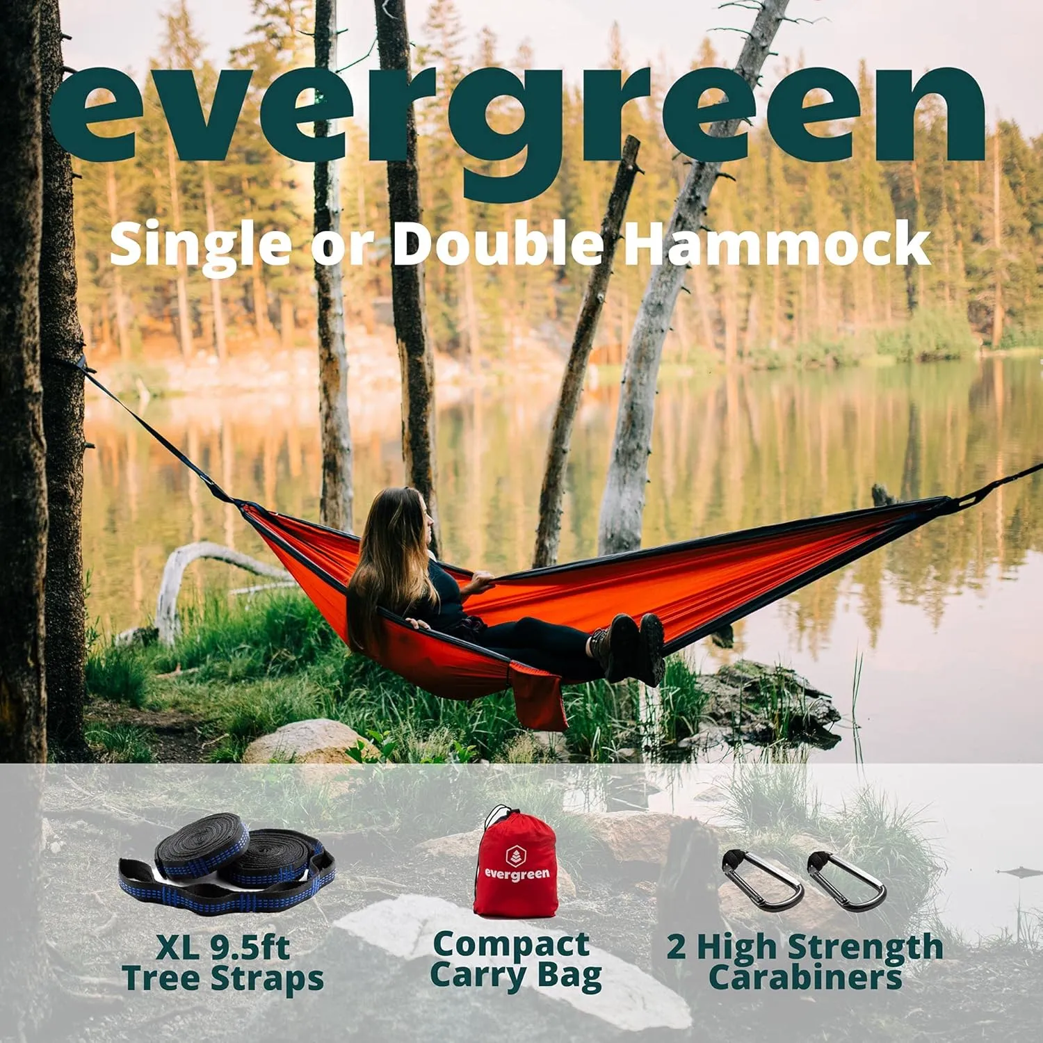 Evergreen Lightweight Outdoor Portable Camping Hammock - Single & Double with Tree Straps for Backpacking, Camping, Travel, Hiking (Double, Green)