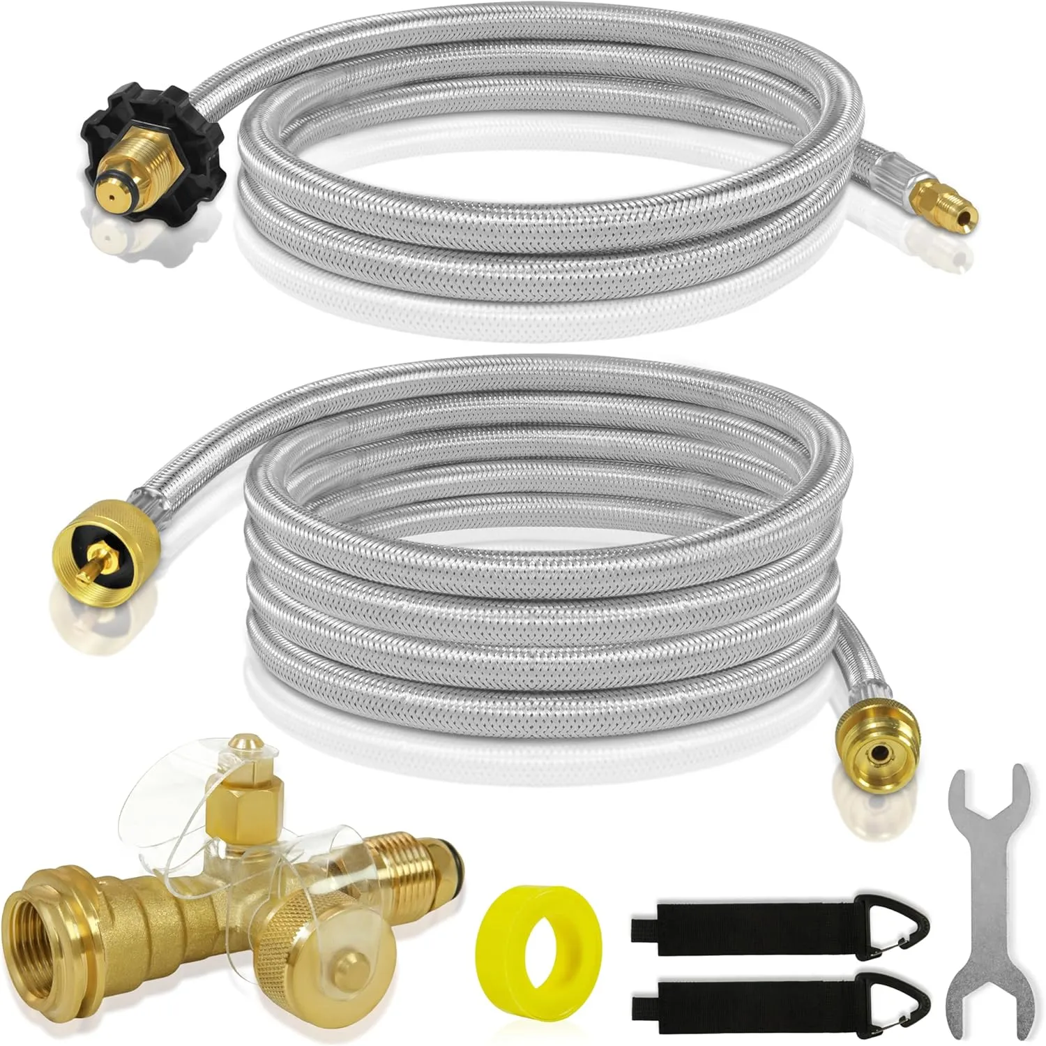Extend A Stay RV Propane Kit, Propane Brass Tee 4 Port Adapter Kit with 5ft & 12FT Stainless Braided Hoses for Motorhomes Camping, Connecting Auxiliary Propane Cylinders to Appliances