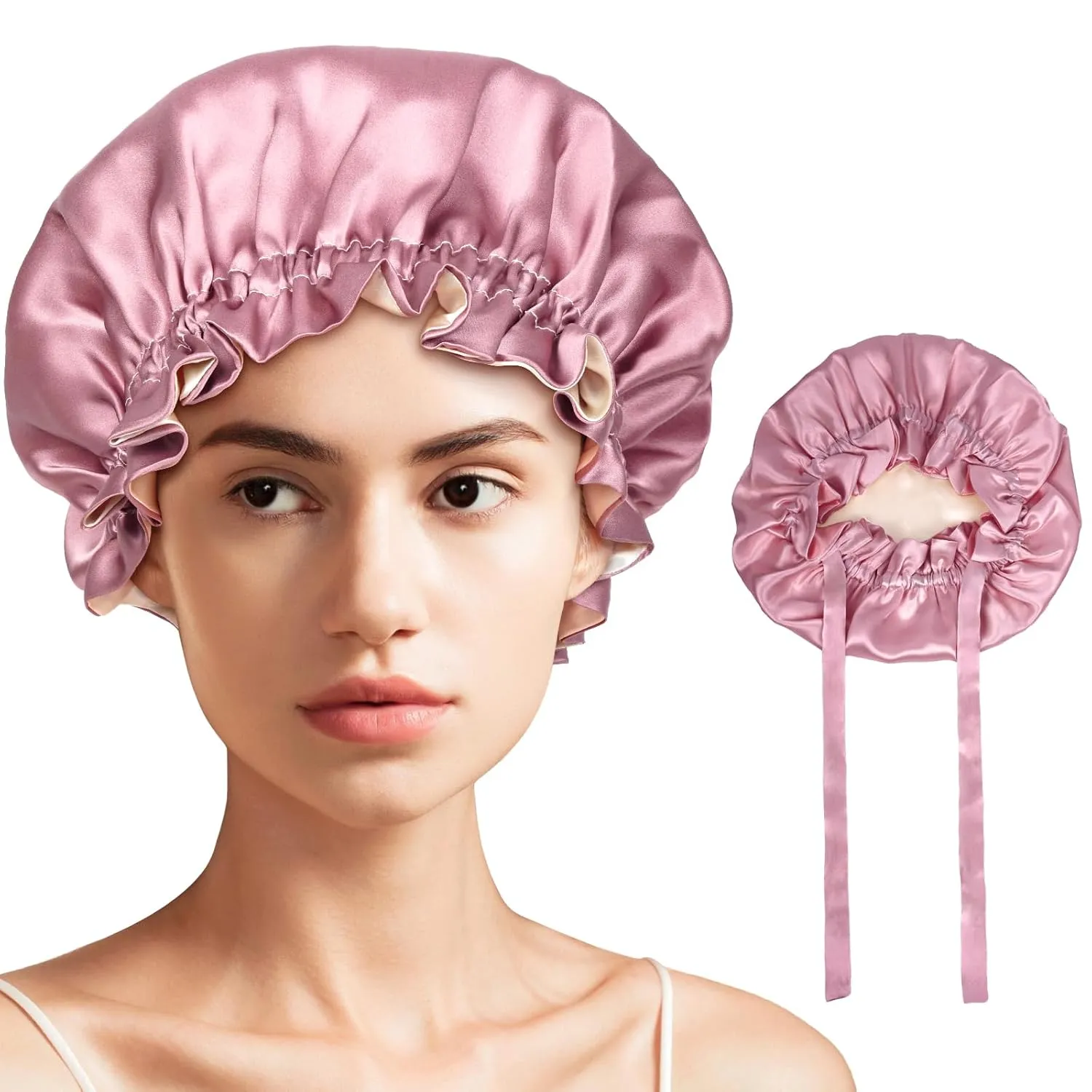 FADACHY Silk Bonnet for Sleeping Women - 22 MOMME, 100% Mulberry Silk Bonnet Sleep Cap with Tie Band, Double Layer Hair Wrap Stay On All Night