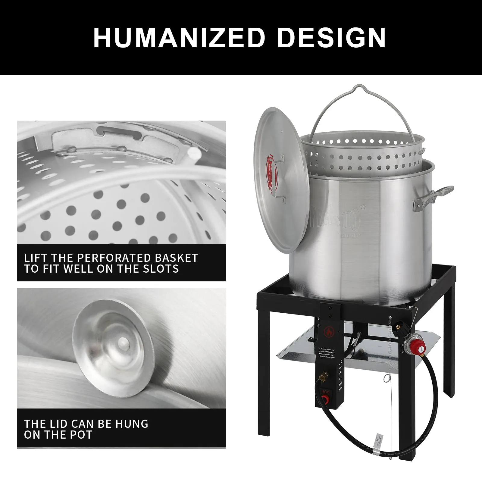 FEASTO 80QT Aluminum Boil Kit with Basket Perfect for Seafood Boiling and Steaming Outdoor Propane Gas Cooker with Adjustable 0-10 PSI Regulator Non-Assembly Frame Stand
