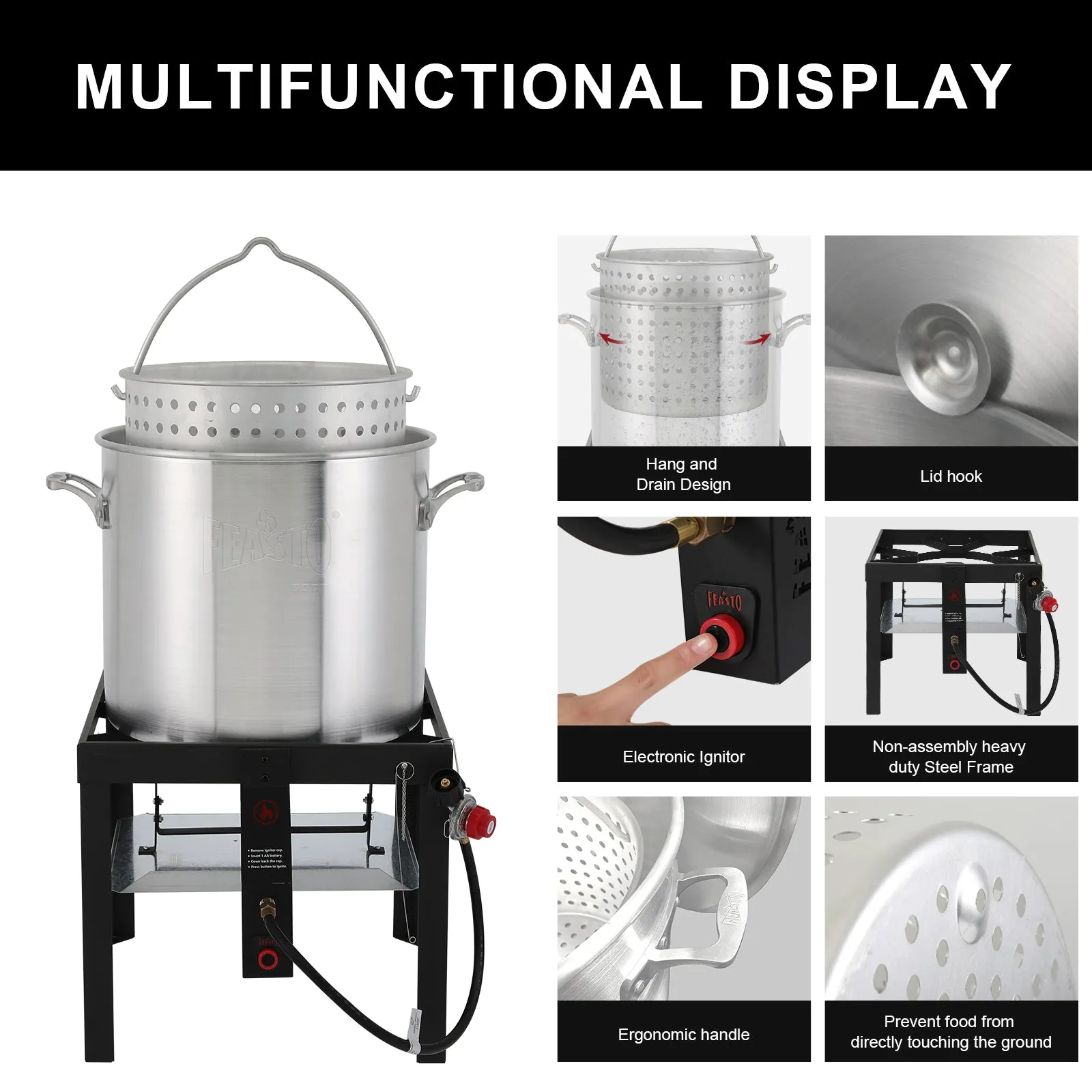 FEASTO 80QT Aluminum Boil Kit with Basket Perfect for Seafood Boiling and Steaming Outdoor Propane Gas Cooker with Adjustable 0-10 PSI Regulator Non-Assembly Frame Stand