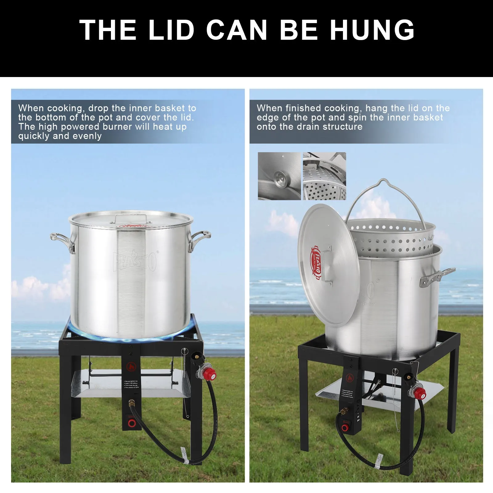 FEASTO 80QT Aluminum Boil Kit with Basket Perfect for Seafood Boiling and Steaming Outdoor Propane Gas Cooker with Adjustable 0-10 PSI Regulator Non-Assembly Frame Stand