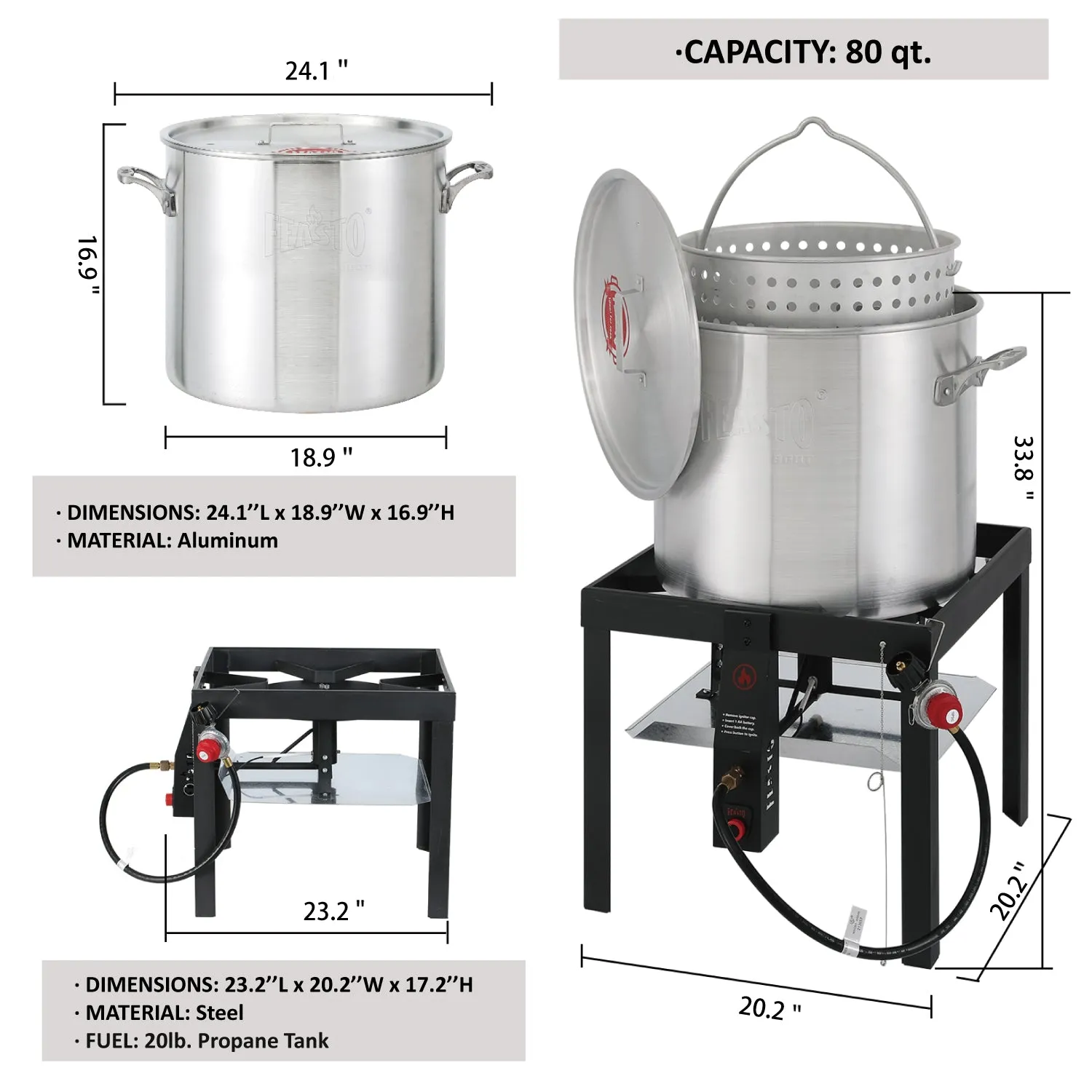FEASTO 80QT Aluminum Boil Kit with Basket Perfect for Seafood Boiling and Steaming Outdoor Propane Gas Cooker with Adjustable 0-10 PSI Regulator Non-Assembly Frame Stand