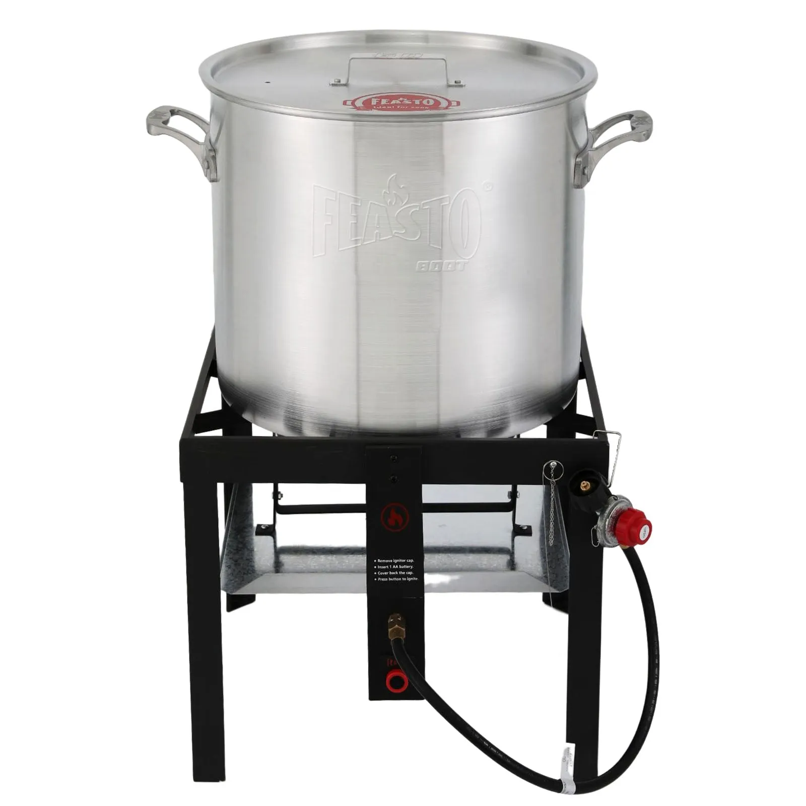 FEASTO 80QT Aluminum Boil Kit with Basket Perfect for Seafood Boiling and Steaming Outdoor Propane Gas Cooker with Adjustable 0-10 PSI Regulator Non-Assembly Frame Stand