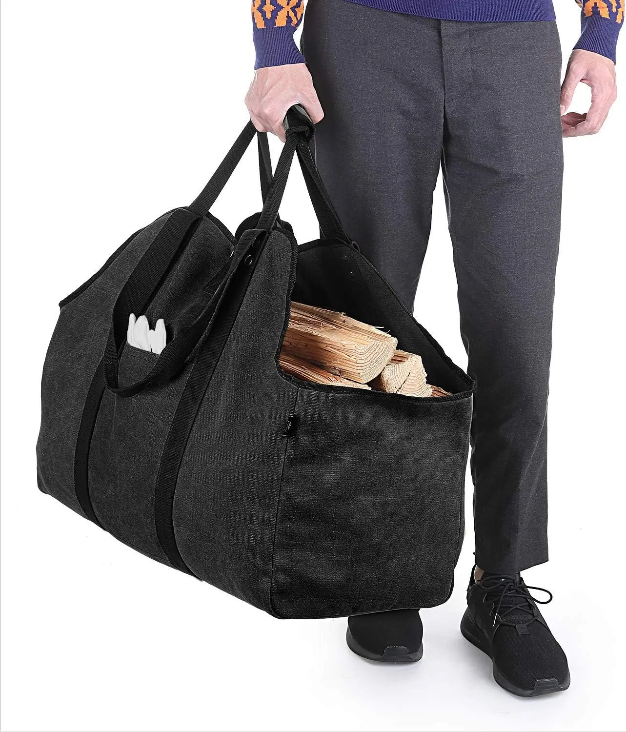 Firewood Carrier Bag Waxed Canvas Waterproof Extra Large Log Carrier Holder Freestanding Tote Bag for Firewood