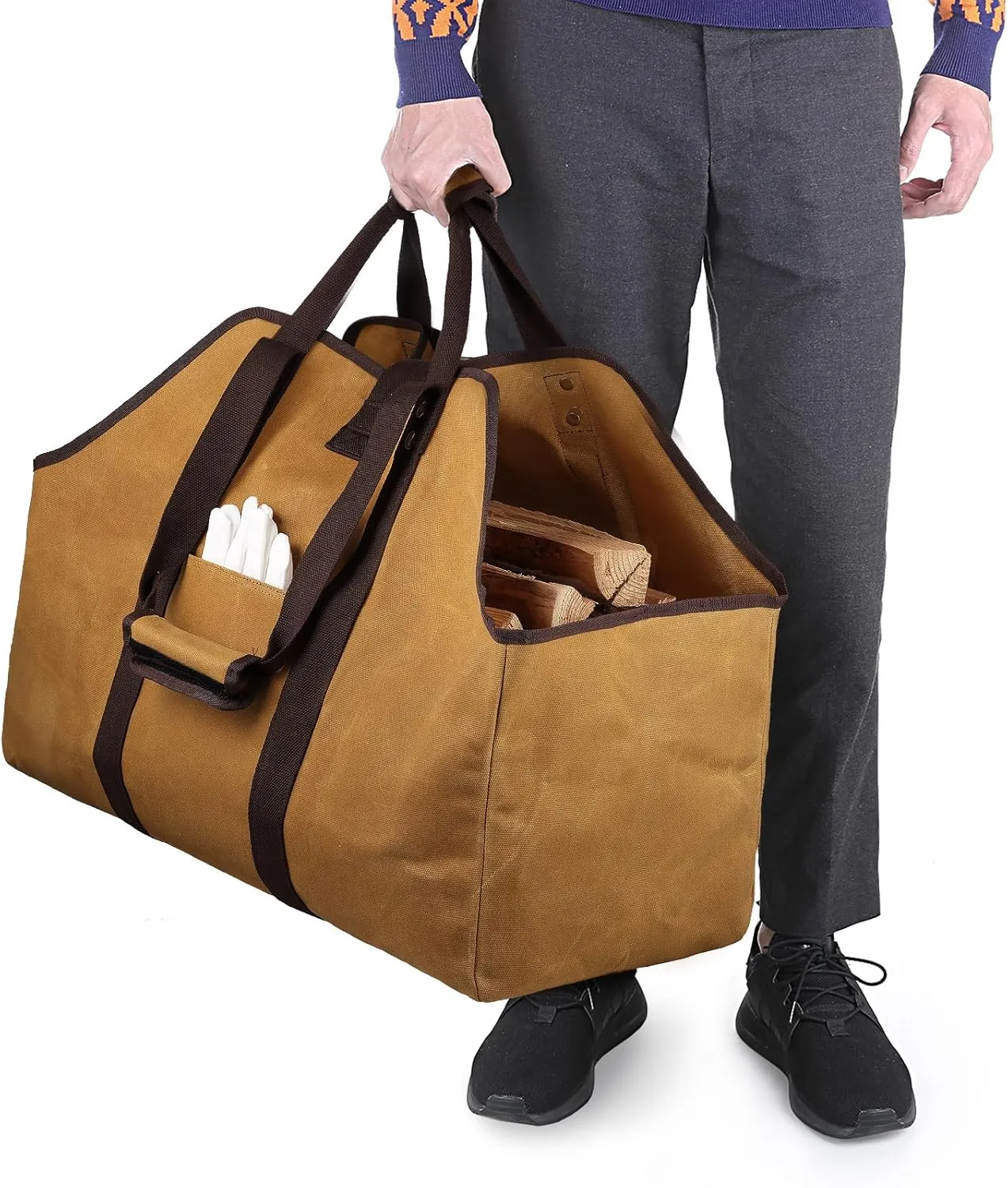 Firewood Carrier Bag Waxed Canvas Waterproof Extra Large Log Carrier Holder Freestanding Tote Bag for Firewood