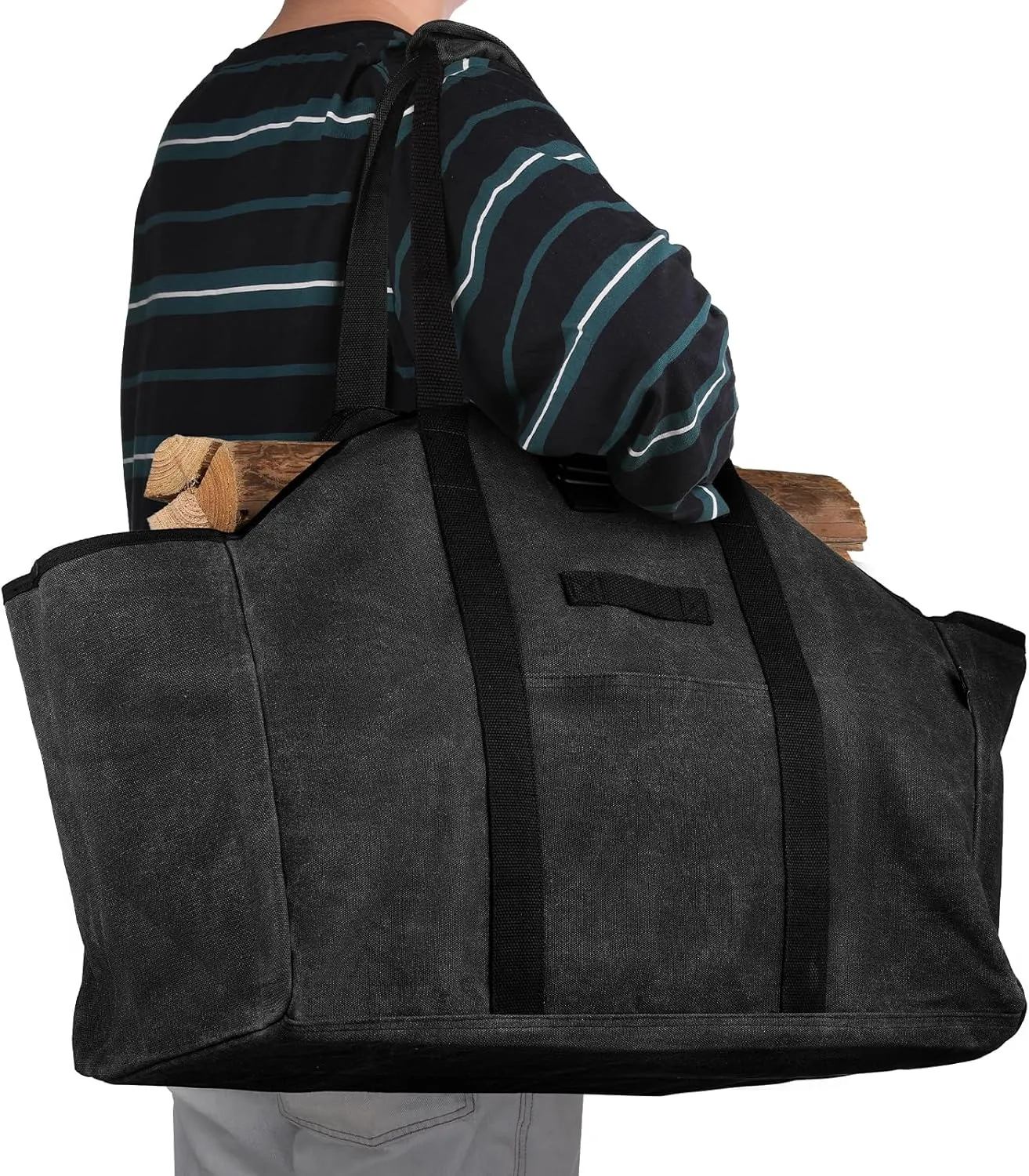 Firewood Carrier Bag Waxed Canvas Waterproof Extra Large Log Carrier Holder Freestanding Tote Bag for Firewood