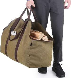 Firewood Carrier Bag Waxed Canvas Waterproof Extra Large Log Carrier Holder Freestanding Tote Bag for Firewood