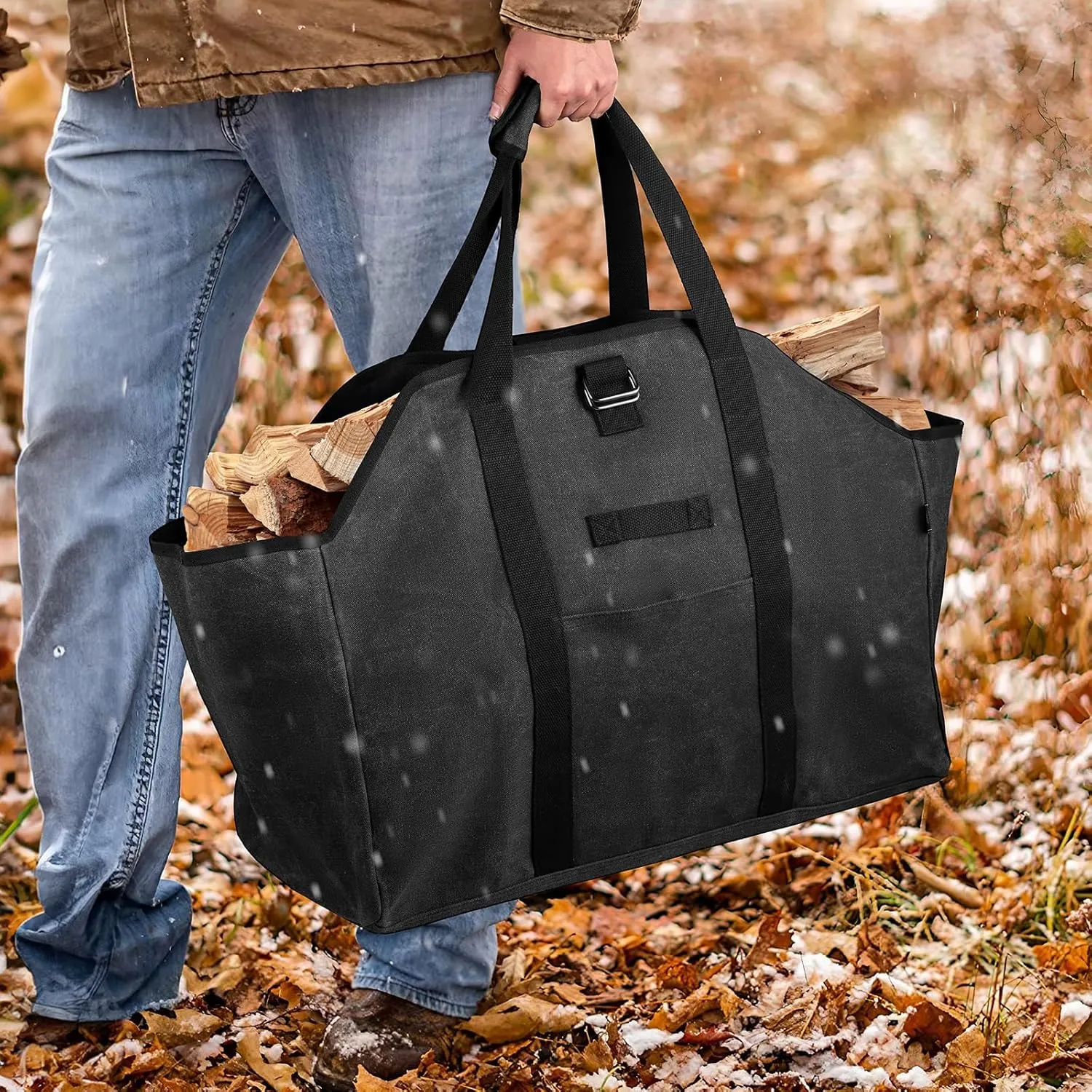Firewood Carrier Bag Waxed Canvas Waterproof Extra Large Log Carrier Holder Freestanding Tote Bag for Firewood