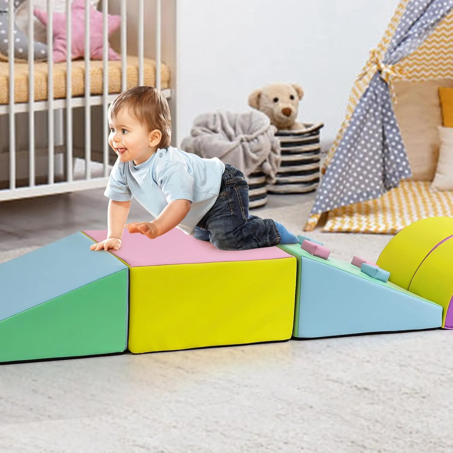 Foam Climbing Blocks for Toddlers, Waterproof Toddler Climbing Toys, Baby Jungle Gym Indoor Lightweight, Easy to Clean Foam Play Gym 5PCS