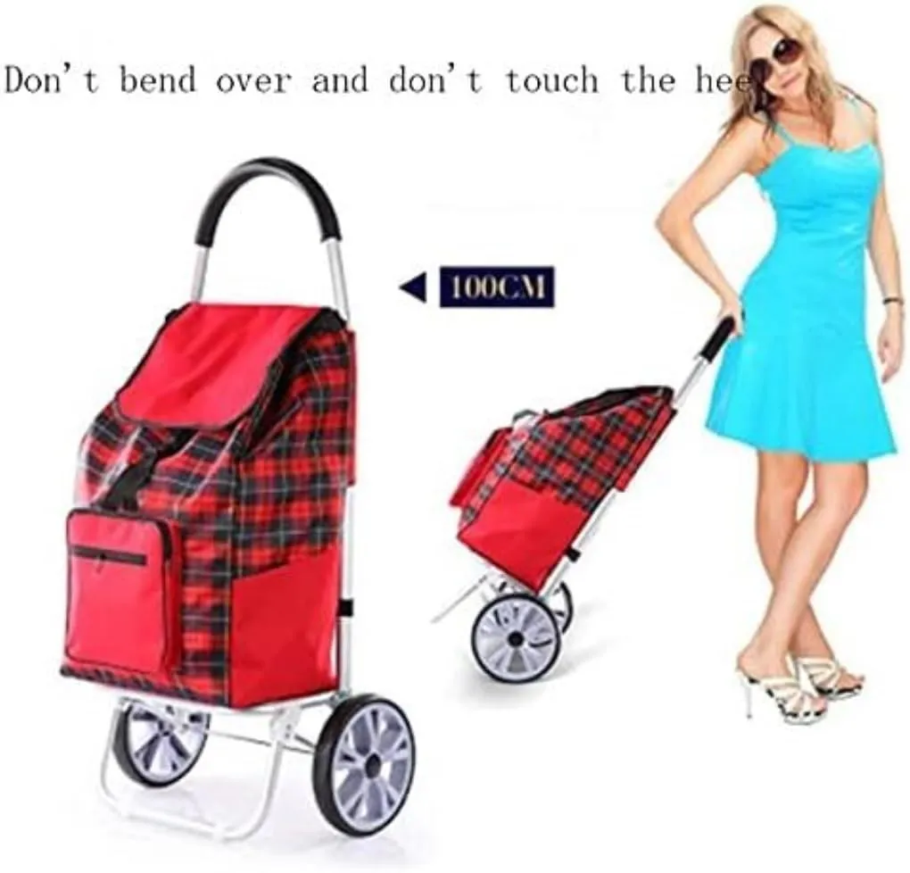 Folding Shopping Cart, Women Buy Food Shopping Cart Storage Bag Large Capacity Portable Cart Shopping Bag Folding Luggage Grocery Utility Carts, 100*45cm, Red