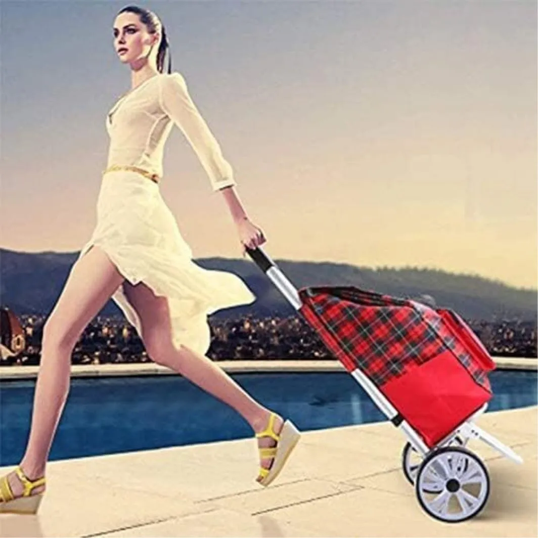 Folding Shopping Cart, Women Buy Food Shopping Cart Storage Bag Large Capacity Portable Cart Shopping Bag Folding Luggage Grocery Utility Carts, 100*45cm, Red