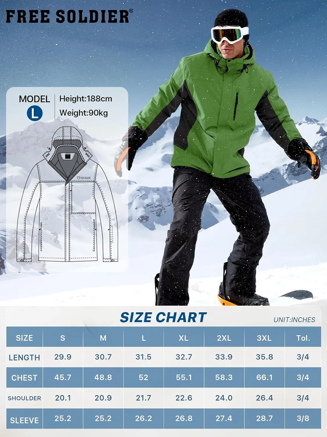 FREE SOLDIER Men's Waterproof Ski Snow Jacket Fleece Lined Warm Winter Rain Jacket with Hood Fully Taped Seams