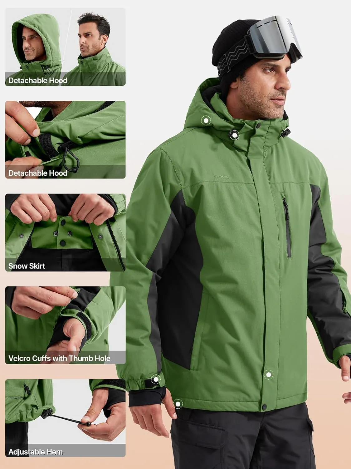 FREE SOLDIER Men's Waterproof Ski Snow Jacket Fleece Lined Warm Winter Rain Jacket with Hood Fully Taped Seams