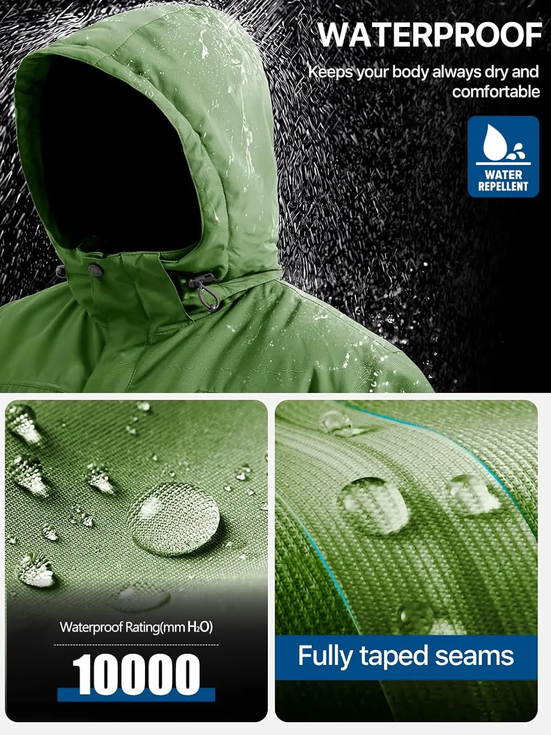 FREE SOLDIER Men's Waterproof Ski Snow Jacket Fleece Lined Warm Winter Rain Jacket with Hood Fully Taped Seams