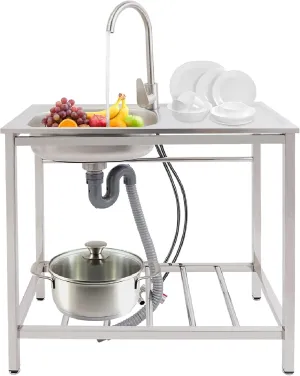 Freestanding Outdoor Kitchen Utility Sink Set with Faucet & Shelves, Portable Stainless Steel Single Bowl Washing Hand Basin Station Sink for Camping, Garage, Kitchen, Laundry Room (Single layer)