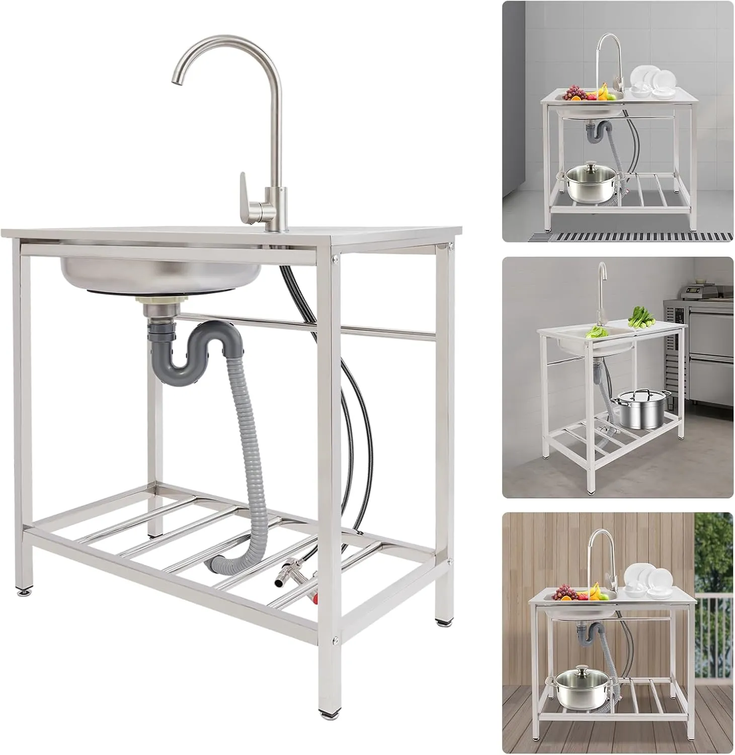 Freestanding Outdoor Kitchen Utility Sink Set with Faucet & Shelves, Portable Stainless Steel Single Bowl Washing Hand Basin Station Sink for Camping, Garage, Kitchen, Laundry Room (Single layer)