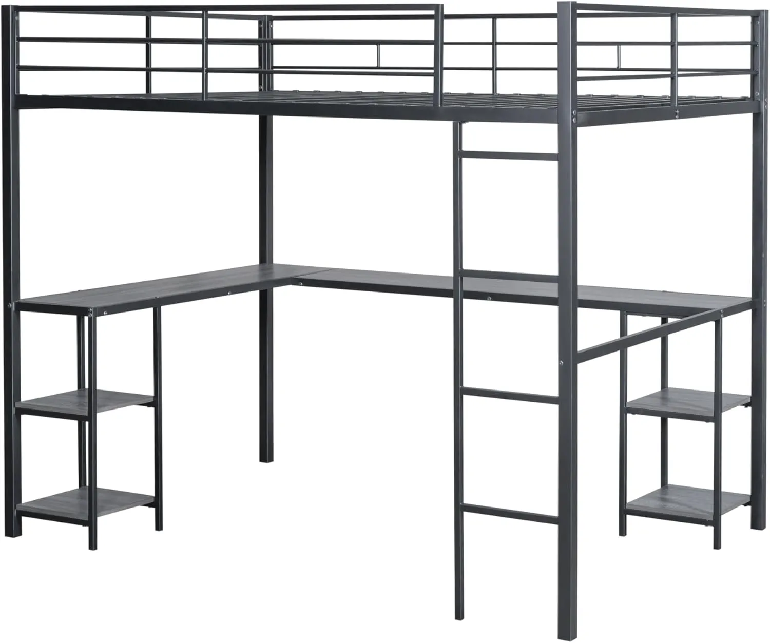 Full Loft Bed with Desk and Storage Shelves for Kids Teens Adults,Heavy Duty Metal Loft Bed with Ladder for Dorm,Bedroom,No Box Spring Required,Black