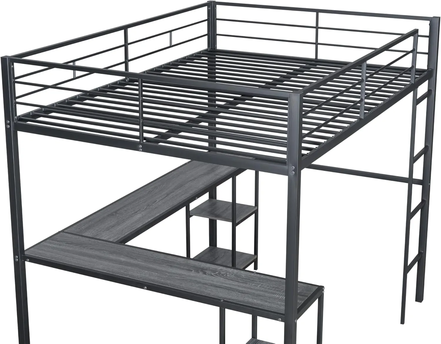 Full Loft Bed with Desk and Storage Shelves for Kids Teens Adults,Heavy Duty Metal Loft Bed with Ladder for Dorm,Bedroom,No Box Spring Required,Black