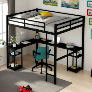 Full Loft Bed with Desk and Storage Shelves for Kids Teens Adults,Heavy Duty Metal Loft Bed with Ladder for Dorm,Bedroom,No Box Spring Required,Black