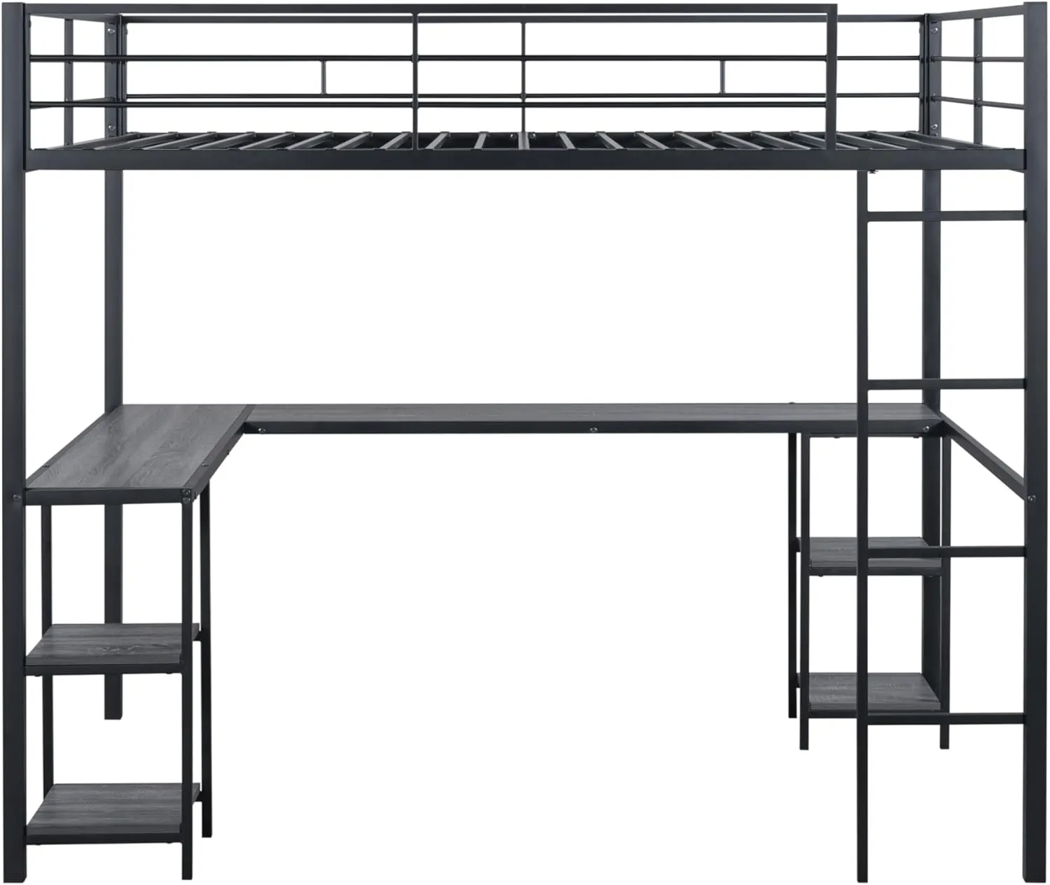 Full Loft Bed with Desk and Storage Shelves for Kids Teens Adults,Heavy Duty Metal Loft Bed with Ladder for Dorm,Bedroom,No Box Spring Required,Black