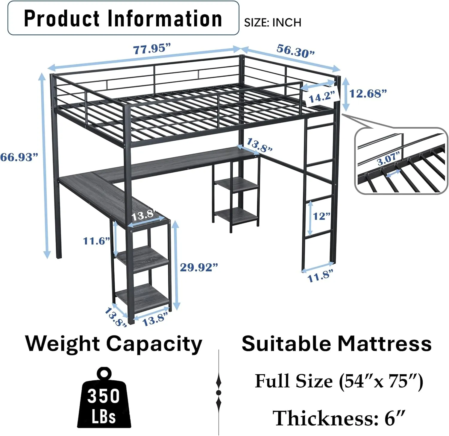 Full Loft Bed with Desk and Storage Shelves for Kids Teens Adults,Heavy Duty Metal Loft Bed with Ladder for Dorm,Bedroom,No Box Spring Required,Black