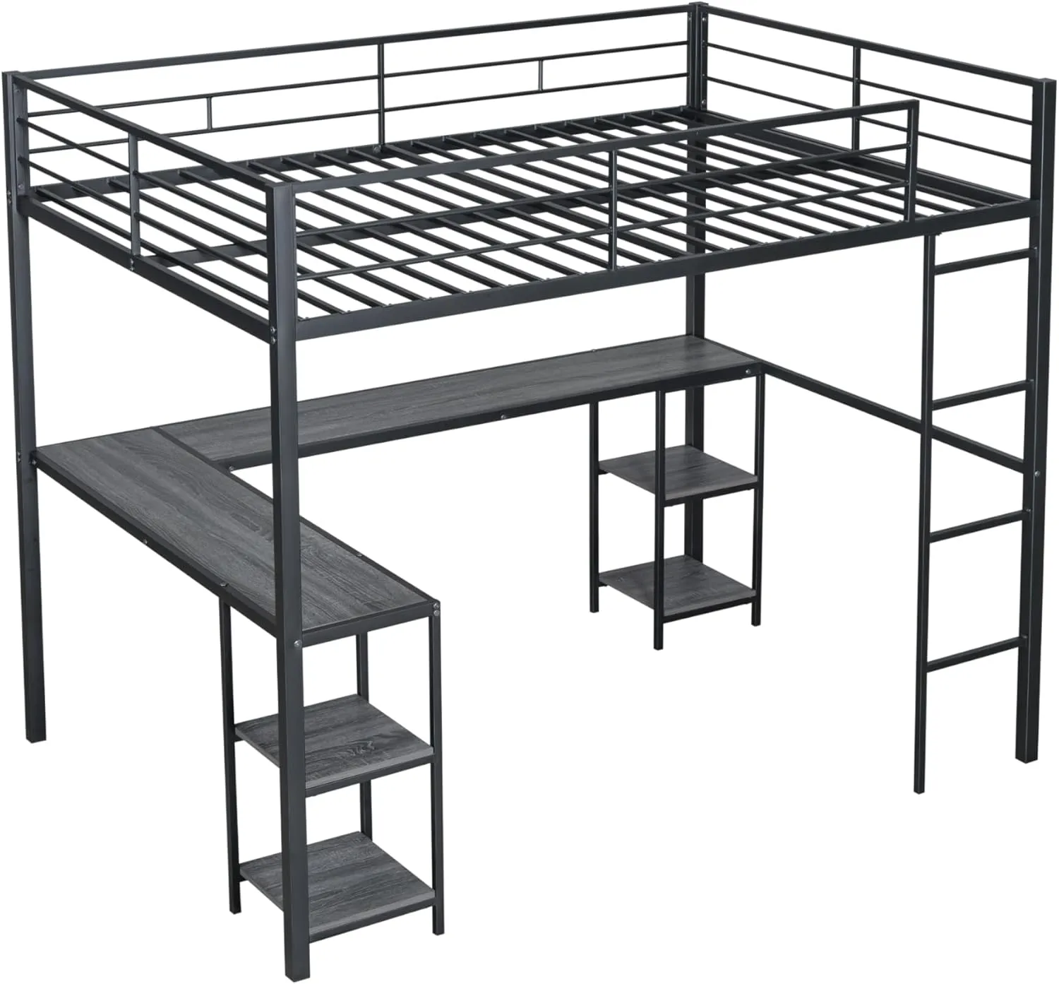 Full Loft Bed with Desk and Storage Shelves for Kids Teens Adults,Heavy Duty Metal Loft Bed with Ladder for Dorm,Bedroom,No Box Spring Required,Black