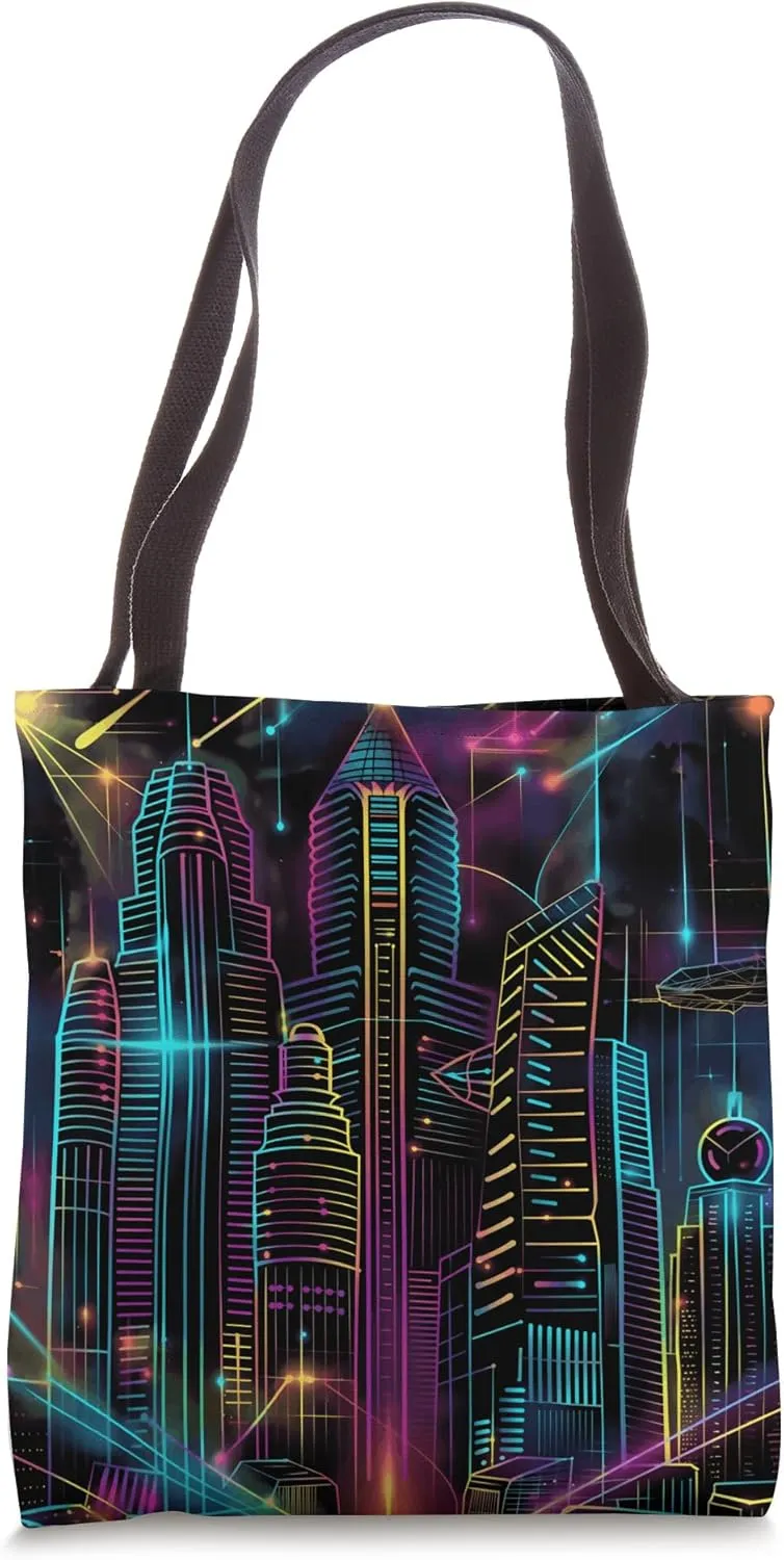 futuristic cityscape skyscraper double as music Synthesizers Tote Bag