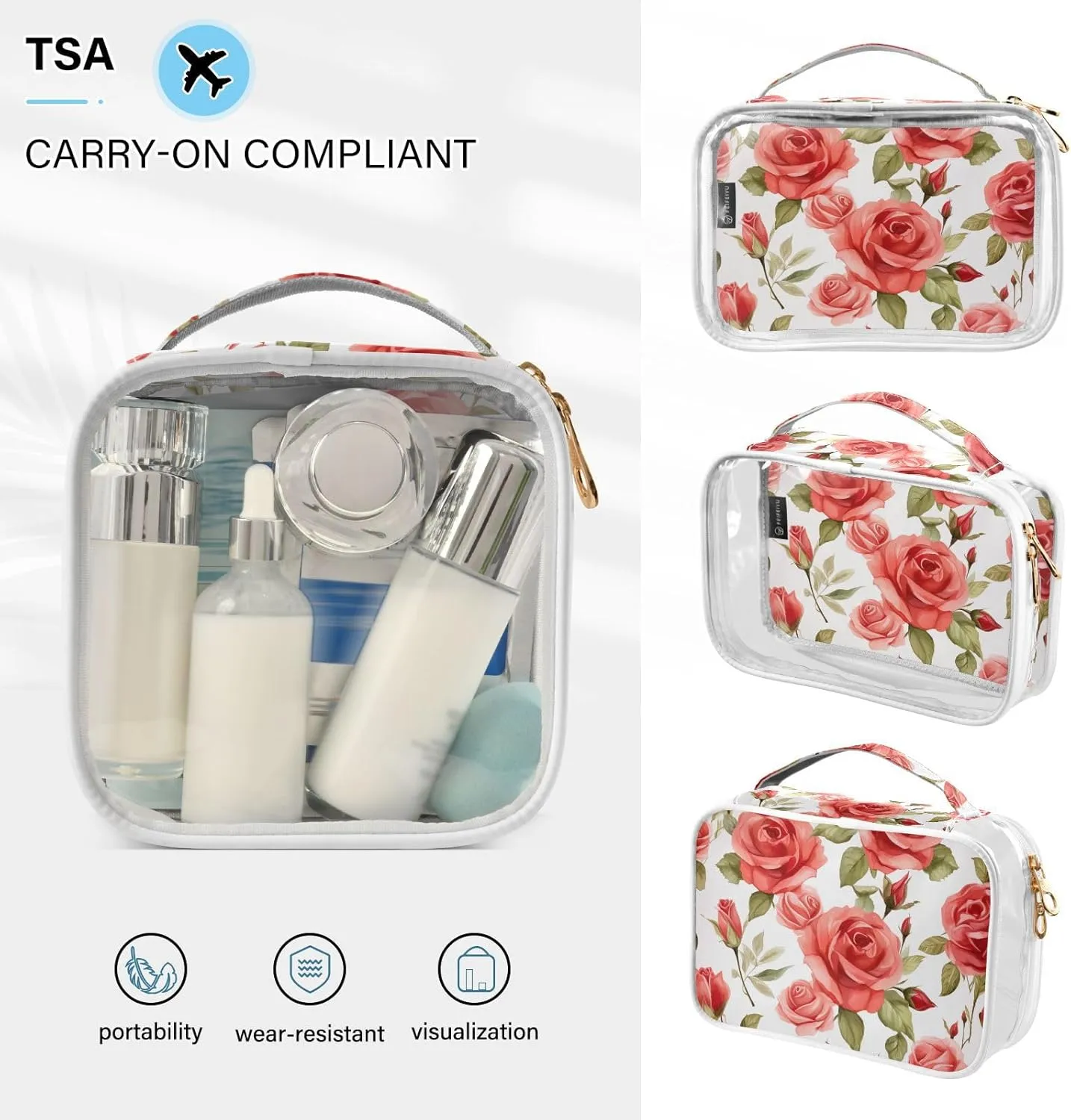 GAIGEO Floral Rose Watercolor Clear Makeup Bag Set, Tsa Approved Makeup Bag for Carry On, Cosmetic Travel Accessories, 2 Pack