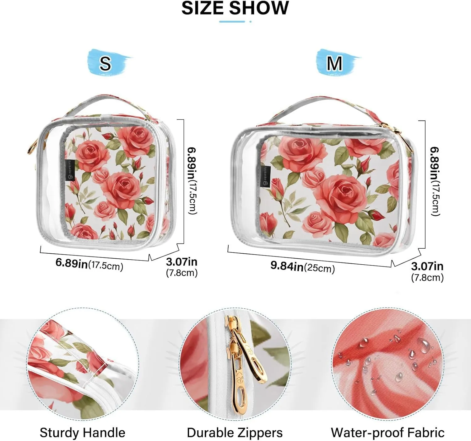 GAIGEO Floral Rose Watercolor Clear Makeup Bag Set, Tsa Approved Makeup Bag for Carry On, Cosmetic Travel Accessories, 2 Pack
