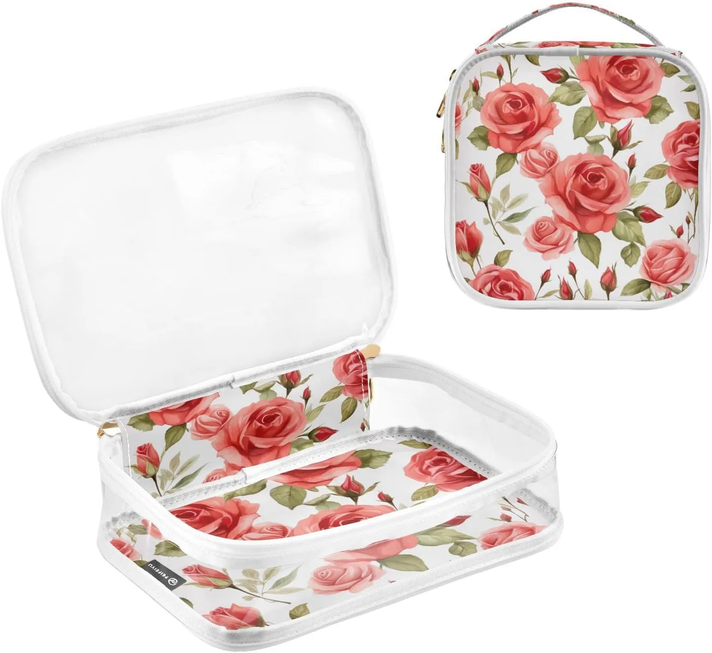 GAIGEO Floral Rose Watercolor Clear Makeup Bag Set, Tsa Approved Makeup Bag for Carry On, Cosmetic Travel Accessories, 2 Pack