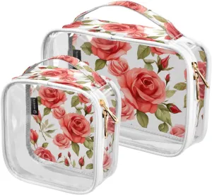 GAIGEO Floral Rose Watercolor Clear Makeup Bag Set, Tsa Approved Makeup Bag for Carry On, Cosmetic Travel Accessories, 2 Pack