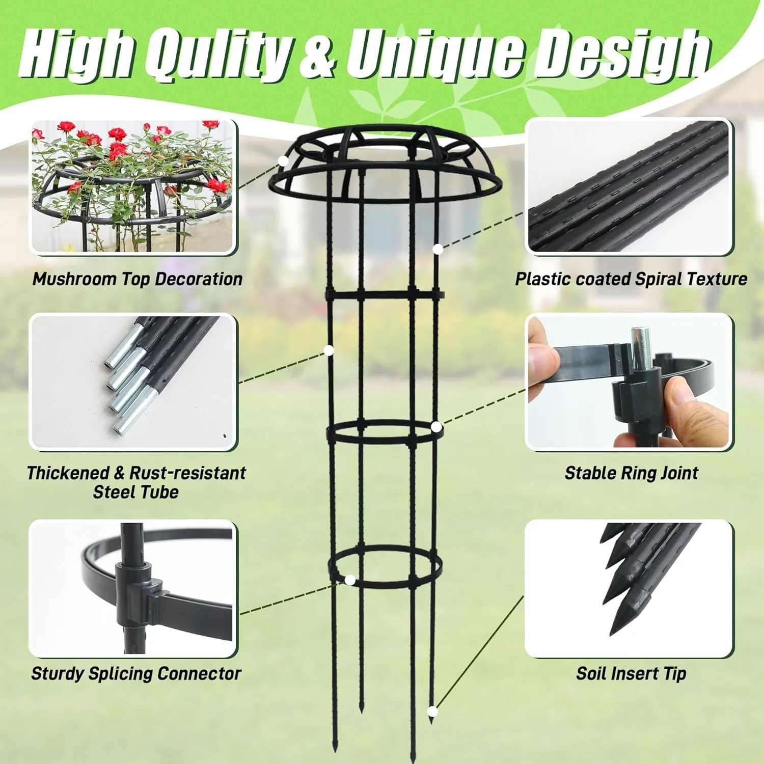 Garden Trellis for Climbing Plants, 2 Pack 53.2 Inch Mushroom Top Trellis for Climbing Plants Outdoor Indoor, Rustproof Metal with Plastic Coated Plant Climbing Support for Flower Fruits Vines