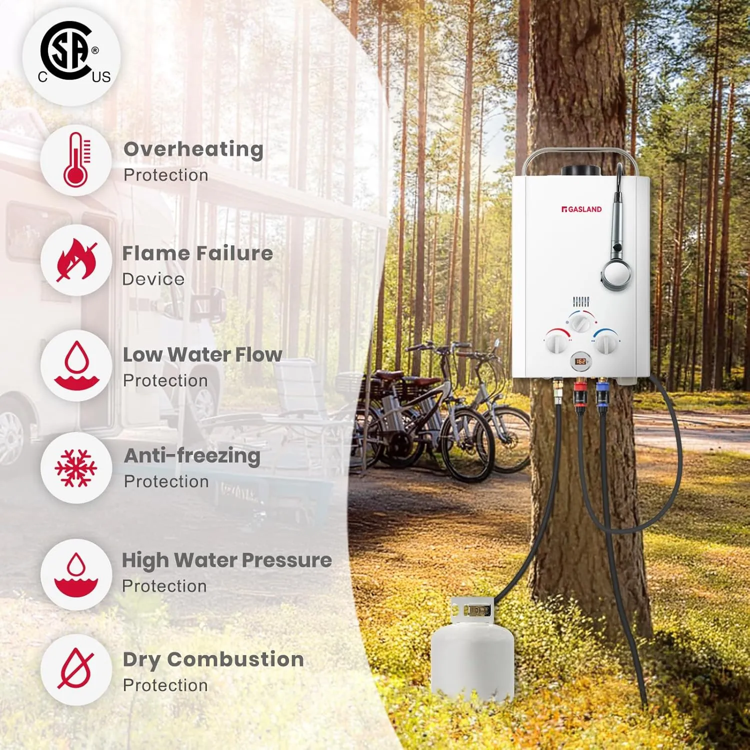 GASLAND BE158 Propane Tankless Water Heater 6L, Outdoor Portable Hot Water Heater, Overheating Protection, Easy to Install, Use for RV Cabin Barn Camping Boat, White
