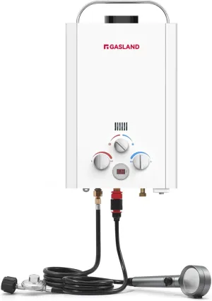 GASLAND BE158 Propane Tankless Water Heater 6L, Outdoor Portable Hot Water Heater, Overheating Protection, Easy to Install, Use for RV Cabin Barn Camping Boat, White