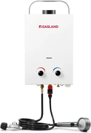 GASLAND BS158 Outdoor Portable Gas Water Heater 1.58GPM, 6L Propane Tankless Water Heater for RV Camping Cabin Boat, Overheating Protection, Easy to Install, White
