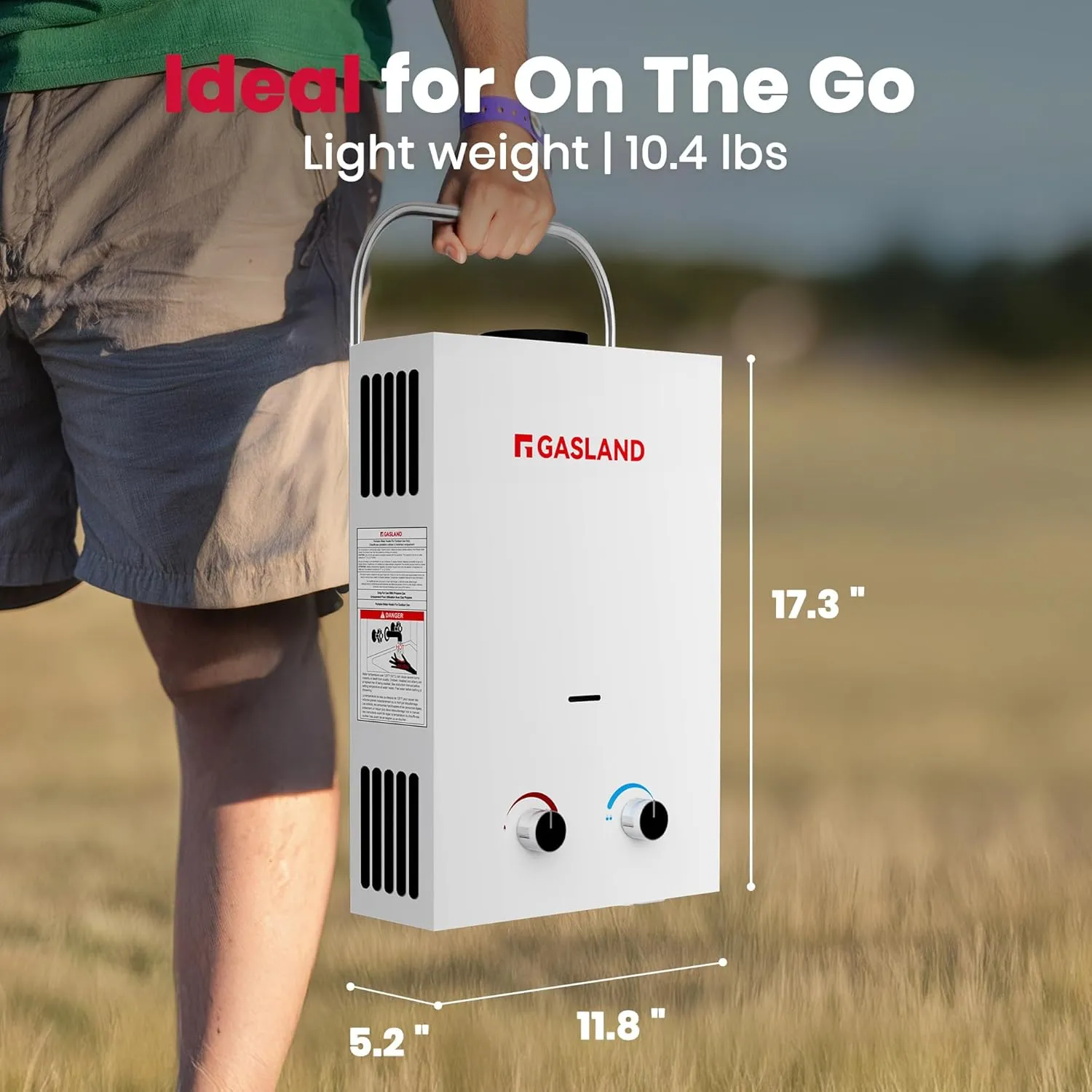 GASLAND BS158 Outdoor Portable Gas Water Heater 1.58GPM, 6L Propane Tankless Water Heater for RV Camping Cabin Boat, Overheating Protection, Easy to Install, White