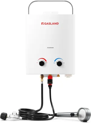 GASLAND Outdoor Propane Camping Water Heater, 1.32 GPM Portable Gas Tankless Water Heater, 5L, White, AS132