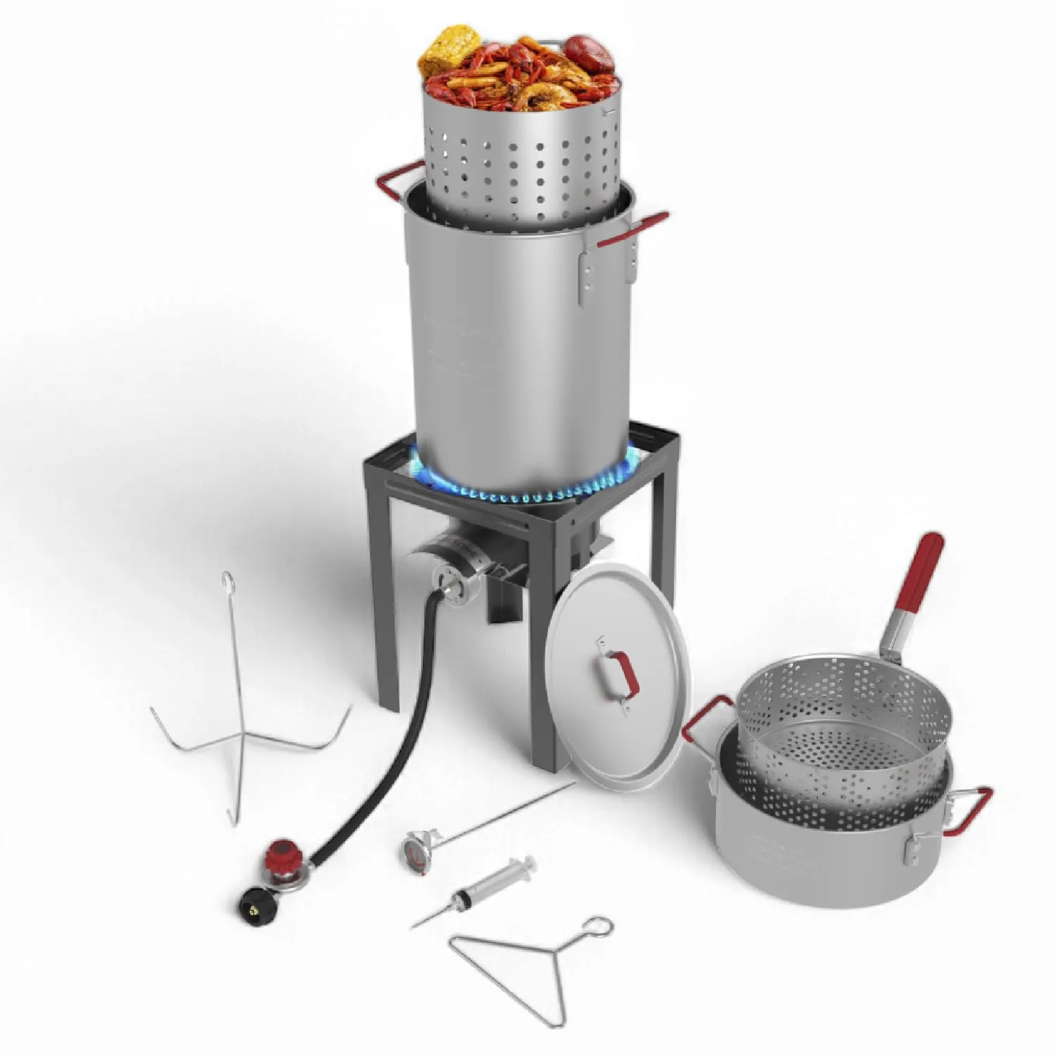 GasOne 30QT Turkey Fryer and 10QT Fish Fryer Set, Seafood Boil Steamer, Crawfish Boiler, Outdoor Cooker for Crab, Shrimp, Lobster, Complete Black Fryer Kit for Holiday and Seasonal Cooking