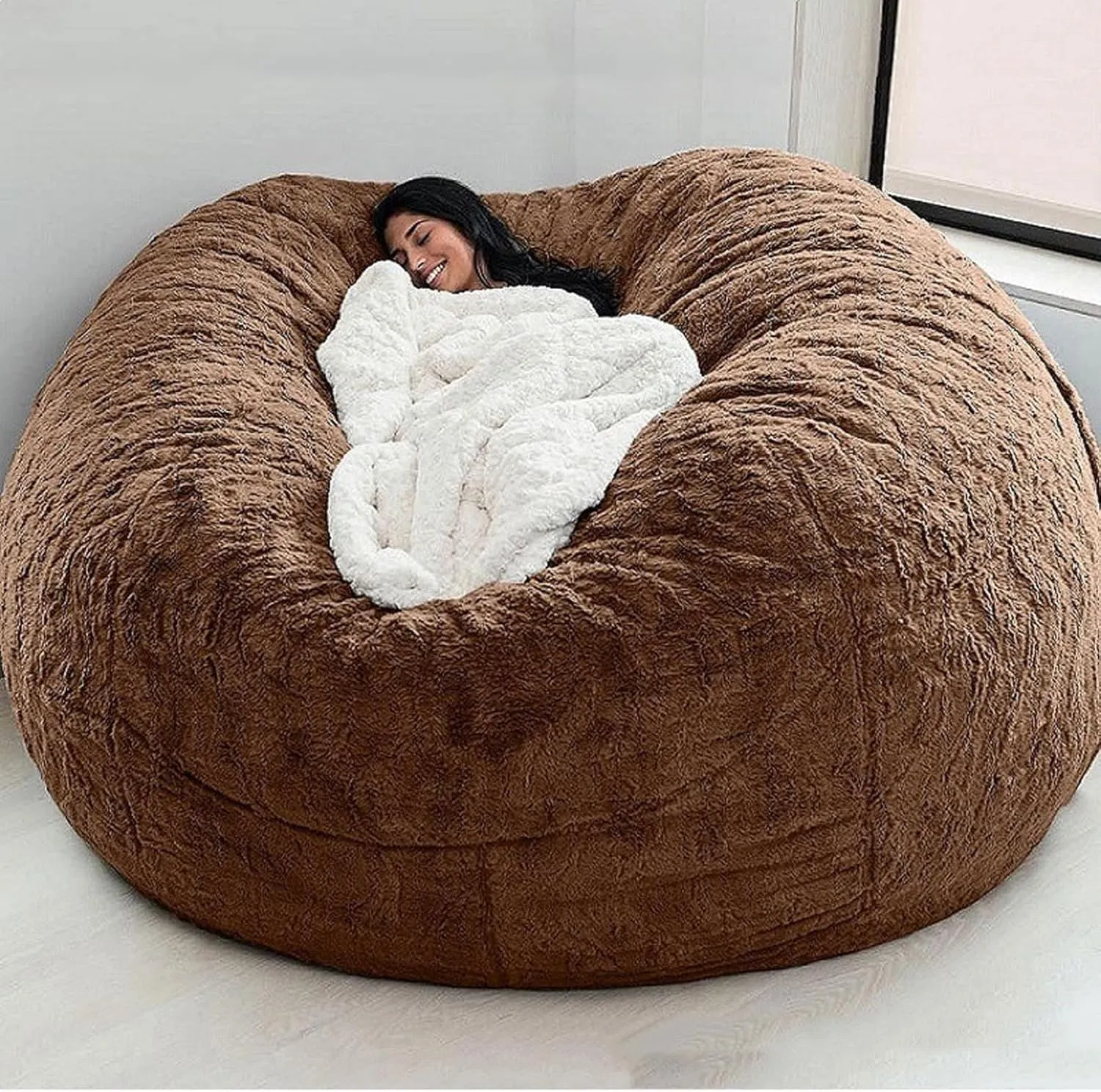 Giant Bean Bag Chair Cover(No Filler),Oversized Round Soft Fluffy PV Velvet Washable Lazy Sofa Bean Bag Bed Cover for Adults, Living Room Bedroom Furniture Outside Cover (Dark brown, 6FT)