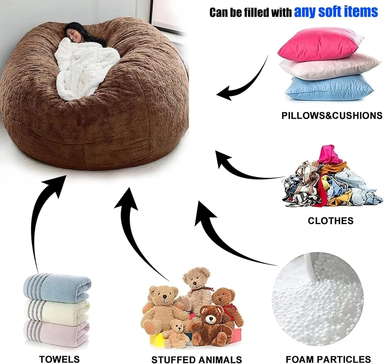Giant Bean Bag Chair Cover(No Filler),Oversized Round Soft Fluffy PV Velvet Washable Lazy Sofa Bean Bag Bed Cover for Adults, Living Room Bedroom Furniture Outside Cover (Dark brown, 6FT)