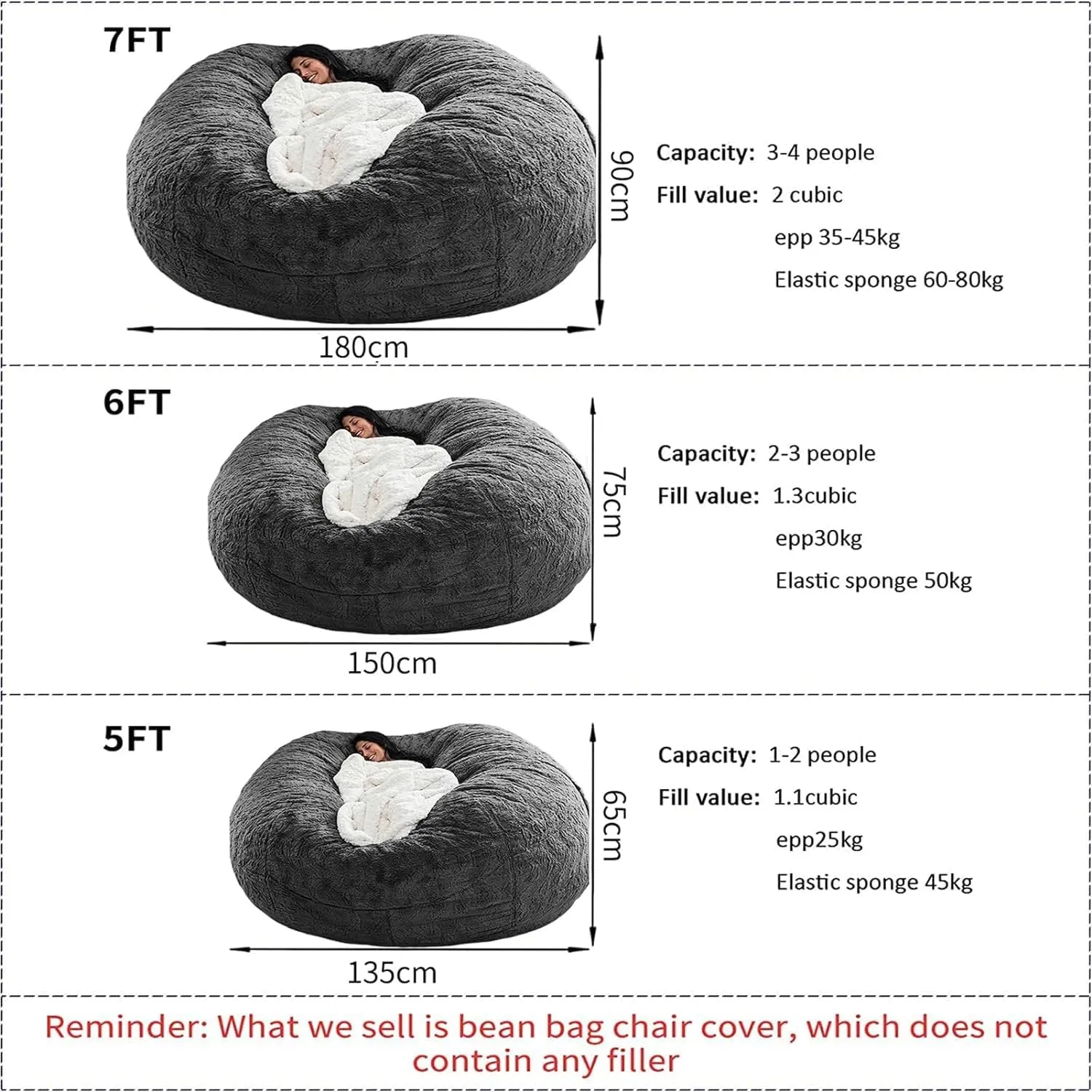 Giant Bean Bag Chair Cover(No Filler),Oversized Round Soft Fluffy PV Velvet Washable Lazy Sofa Bean Bag Bed Cover for Adults, Living Room Bedroom Furniture Outside Cover (Dark brown, 6FT)