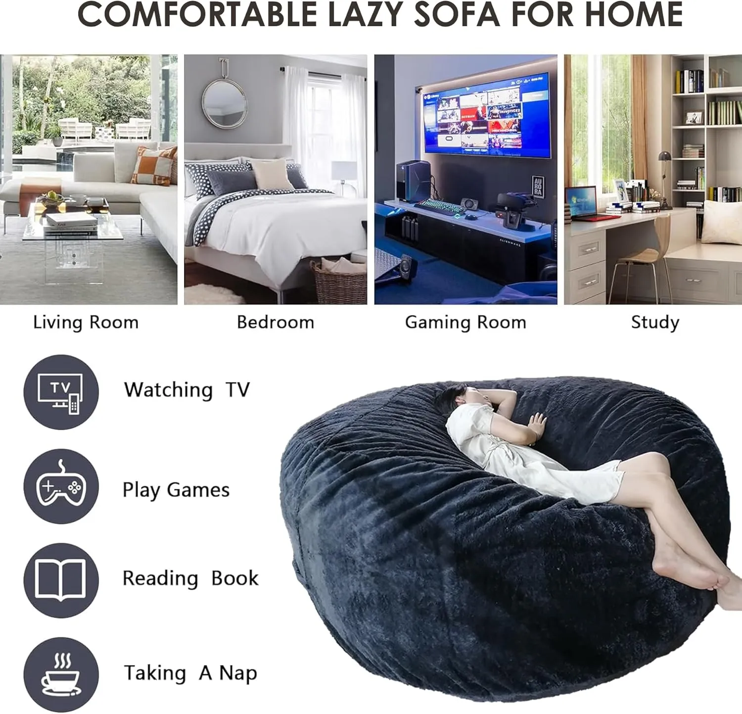 Giant Beanbag Chair Cover for Adults and Kids Comfy Fluffy Cover for Lazy Sofa Floor Chair Stuffed Animal Storage, Grey, 7FT