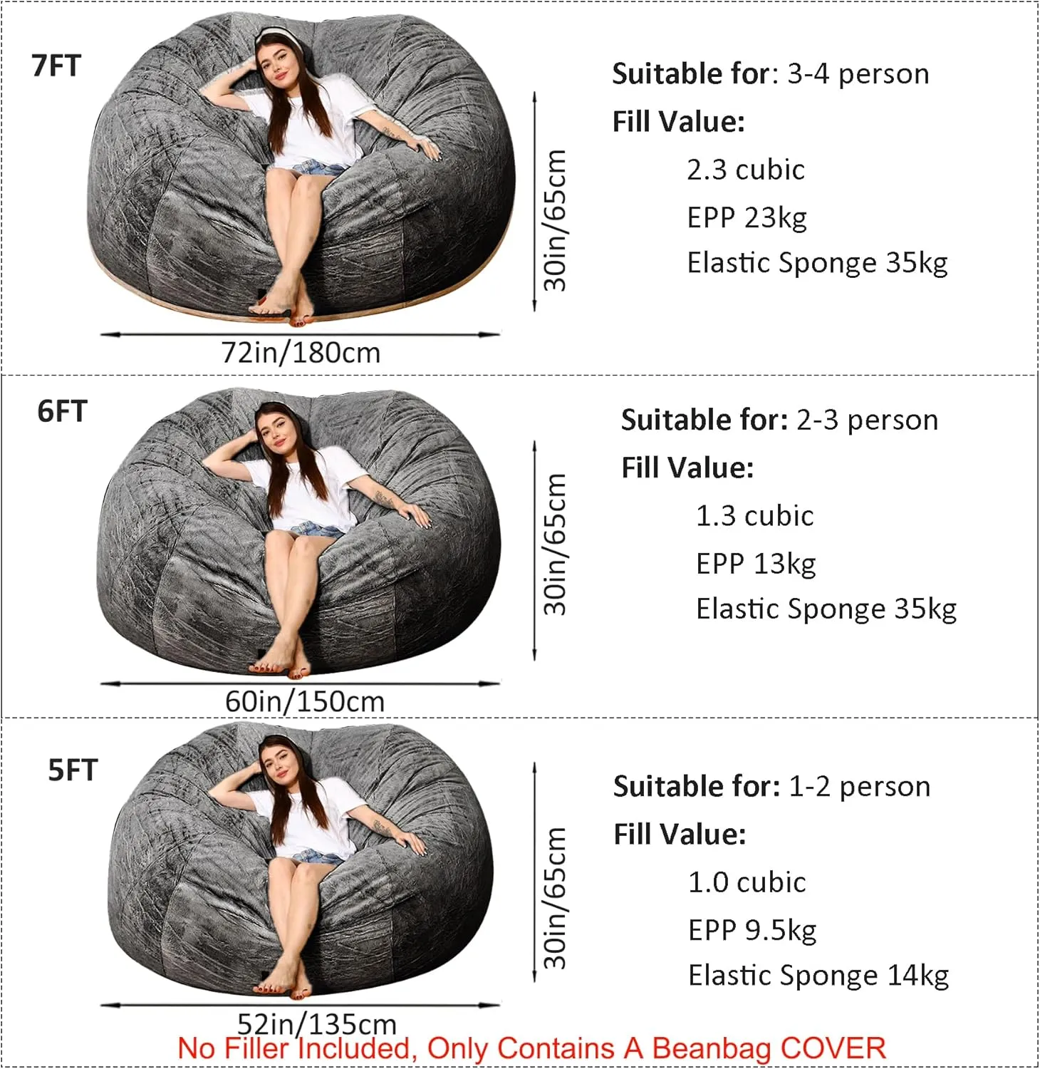Giant Beanbag Chair Cover for Adults and Kids Comfy Fluffy Cover for Lazy Sofa Floor Chair Stuffed Animal Storage, Grey, 7FT