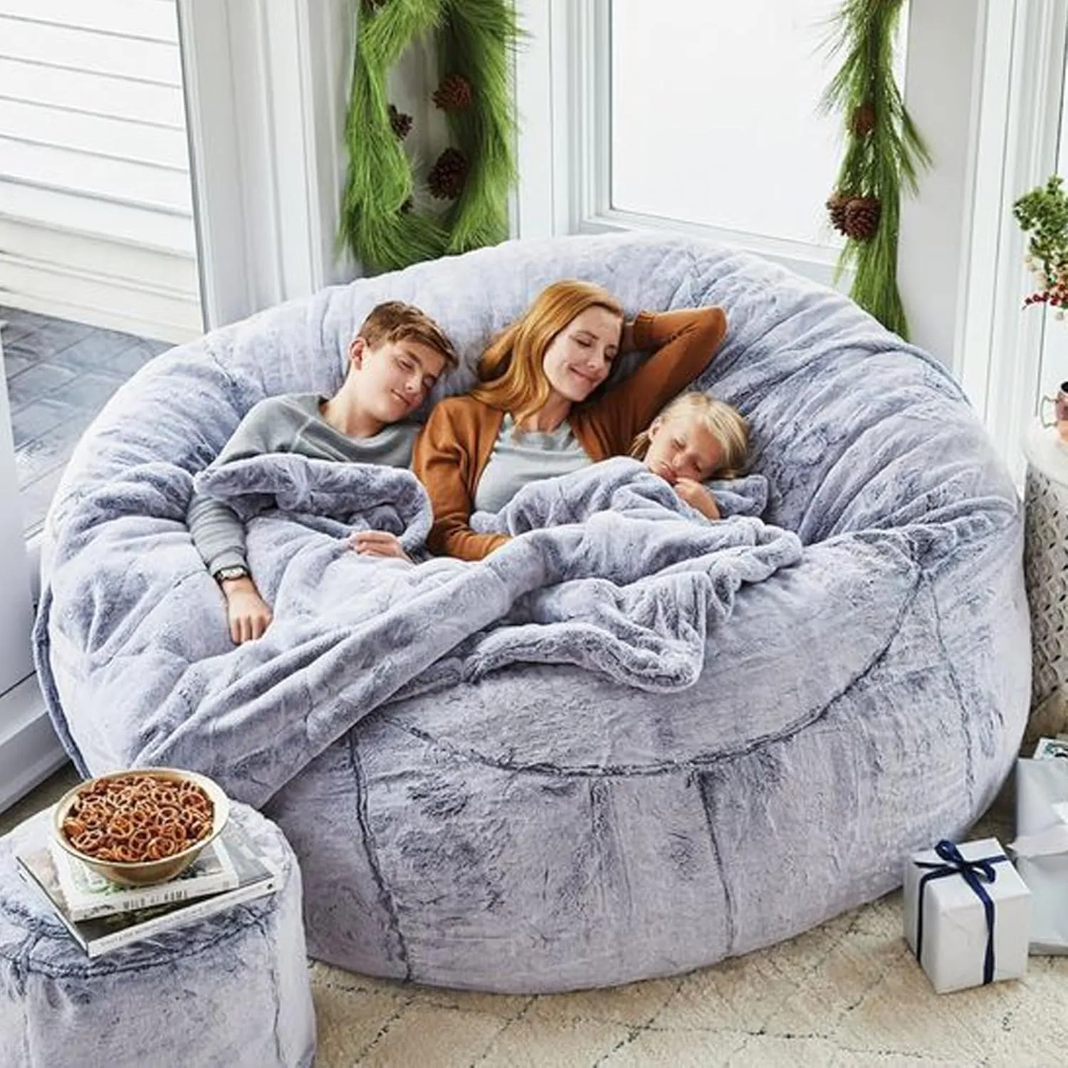 Giant Beanbag Chair Cover for Adults and Kids Comfy Fluffy Cover for Lazy Sofa Floor Chair Stuffed Animal Storage, Grey, 7FT
