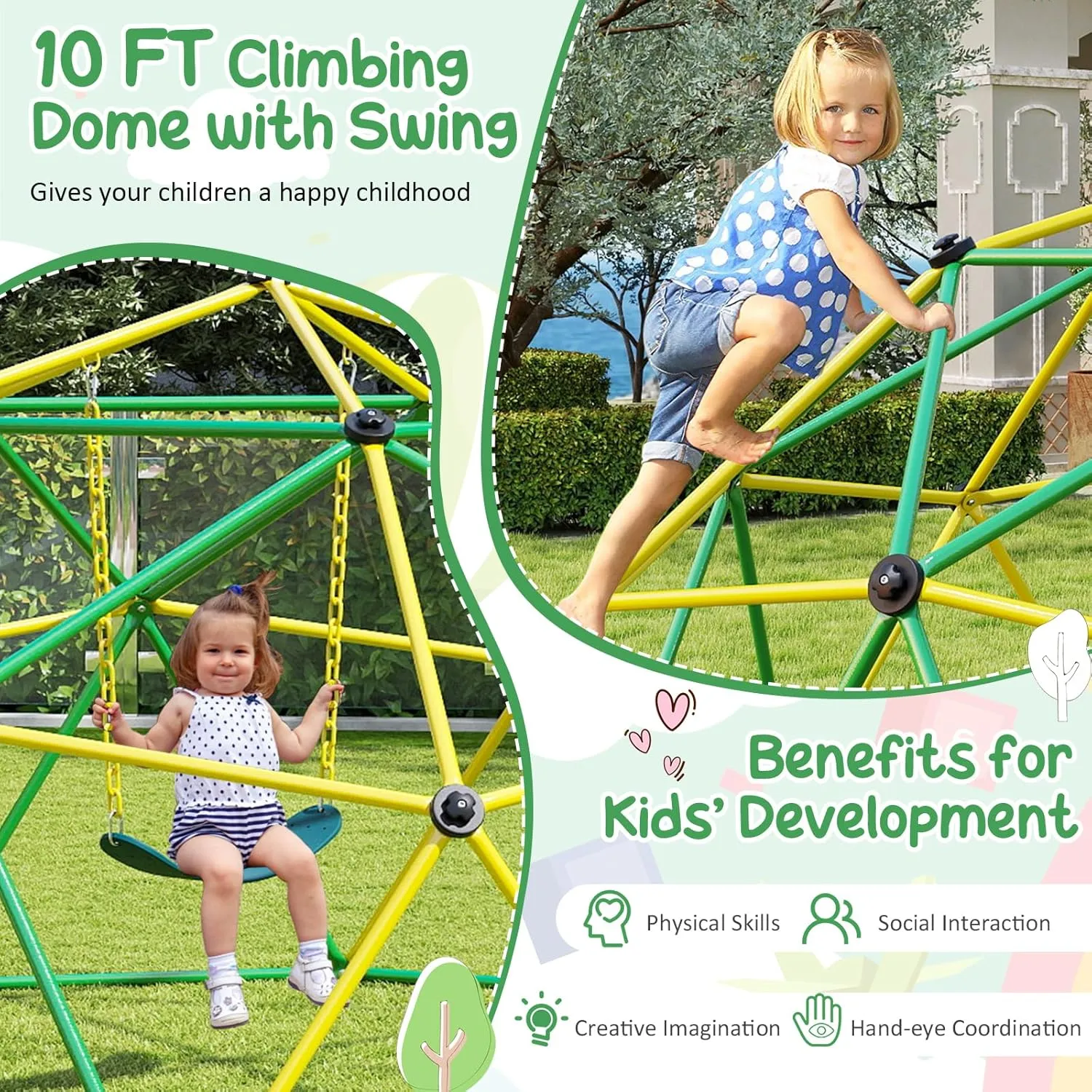 GLACER 10 FT Climbing Dome with Swing, Steel Outdoor Geometric Playground Dome Climber, Supporting 800 lbs for Kids Ages 3-10, Easy Assembly, Jungle Gym for Indoor, Backyard (Yellow   Green)