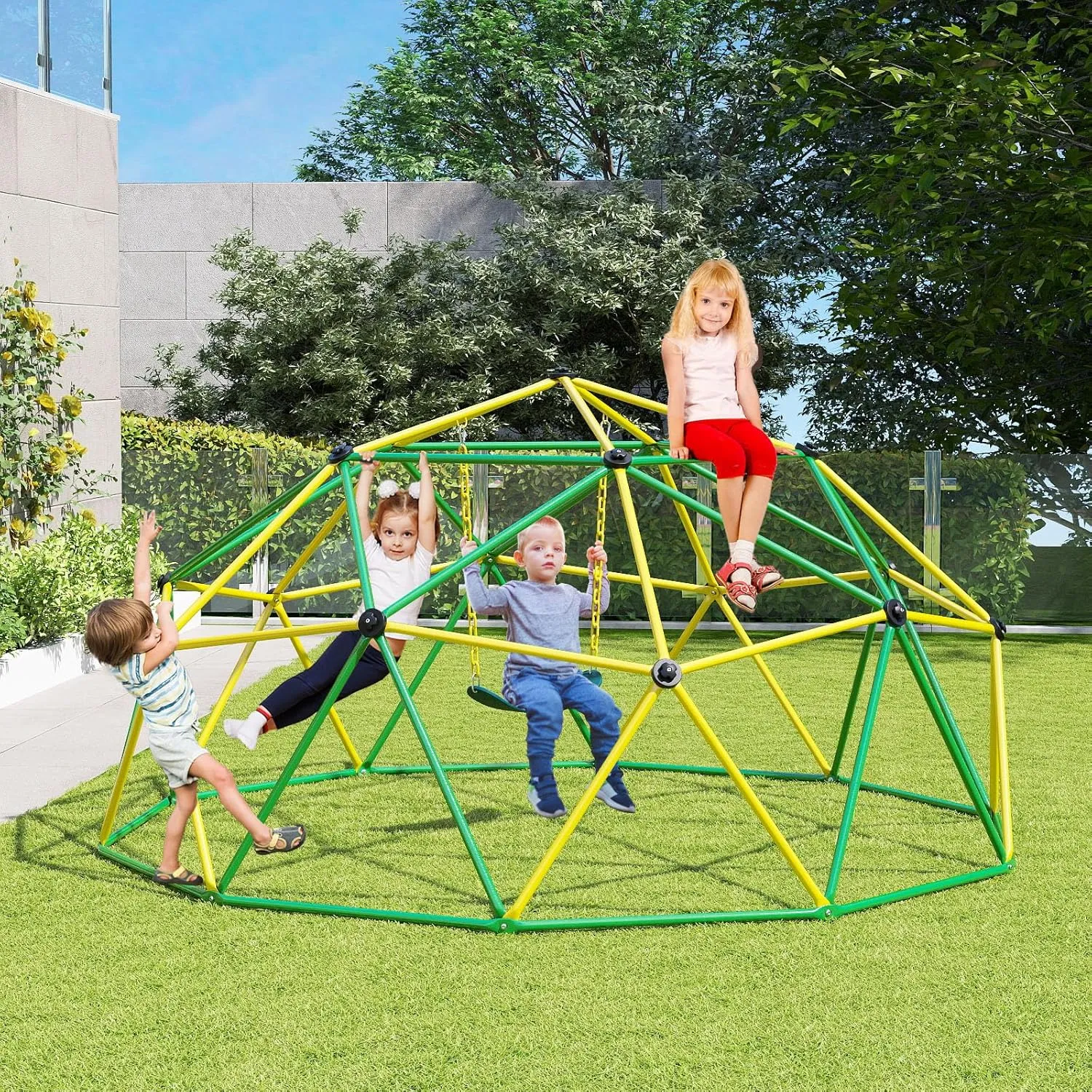 GLACER 10 FT Climbing Dome with Swing, Steel Outdoor Geometric Playground Dome Climber, Supporting 800 lbs for Kids Ages 3-10, Easy Assembly, Jungle Gym for Indoor, Backyard (Yellow   Green)