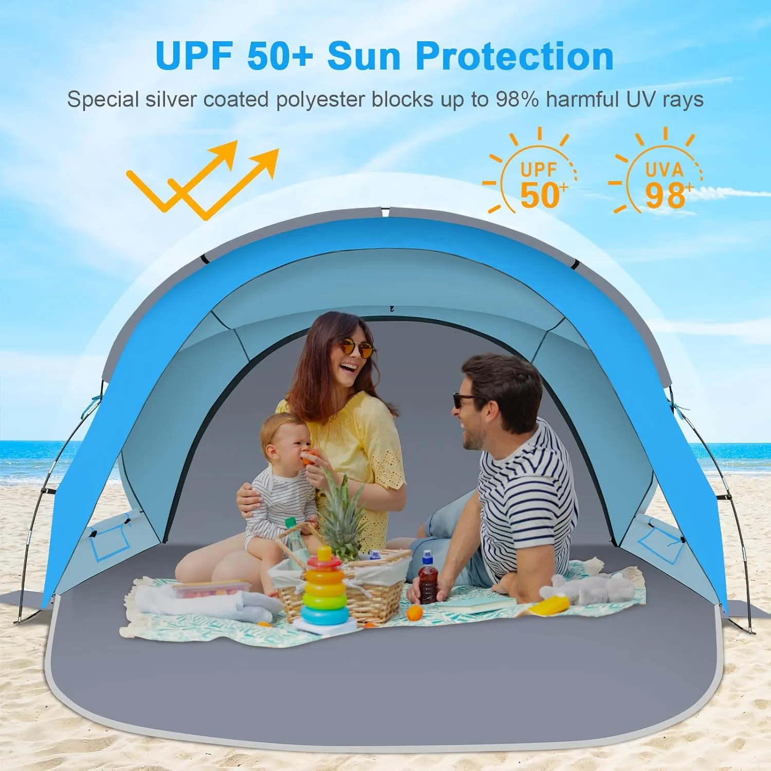 Gorich Beach Tent Sun Shelter with UPF50  UV Protection for 3-6 Person, Lightweight & Portable Beach Shade Canopy with 2 Zippered Doors, Easy Setup Family Beach Umbrella