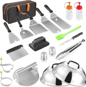 Griddle Accessories Kit, 20 PCS Flat Top Grill Accessories for Blackstone Camp Chef, Metal Spatula Set with Burger Press,Basting Cover,Melting Dome,Tongs,Carry Bag for Outdoor Grilling BBQ