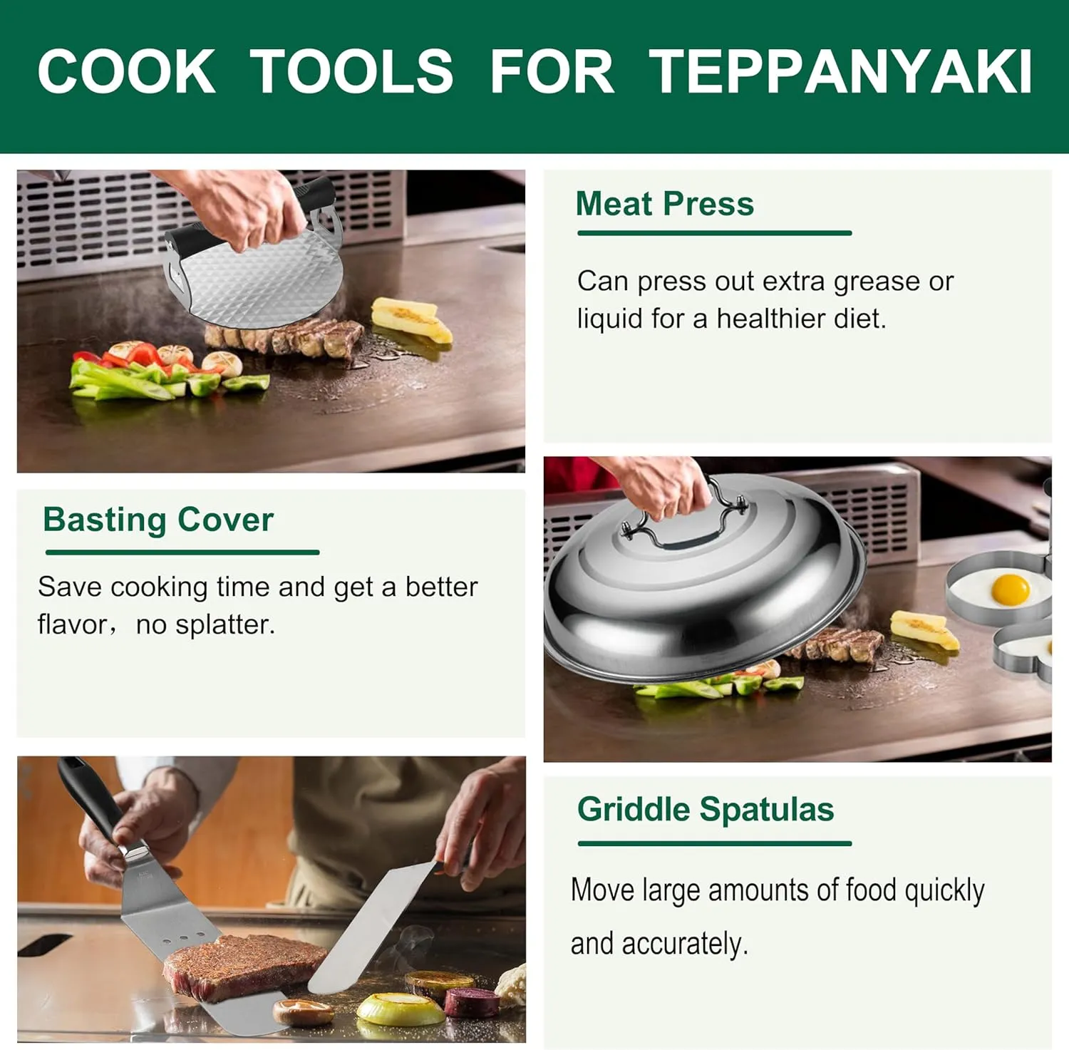 Grilljoy 46PC Griddle Accessories Set with Robust Plastic Handle, All-in-One Griddle Tools Kit for Flat Top Grills Teppanyaki Hibachi, Stainless Steel Grill Spatula Kit for Outdoor Camping Grilling